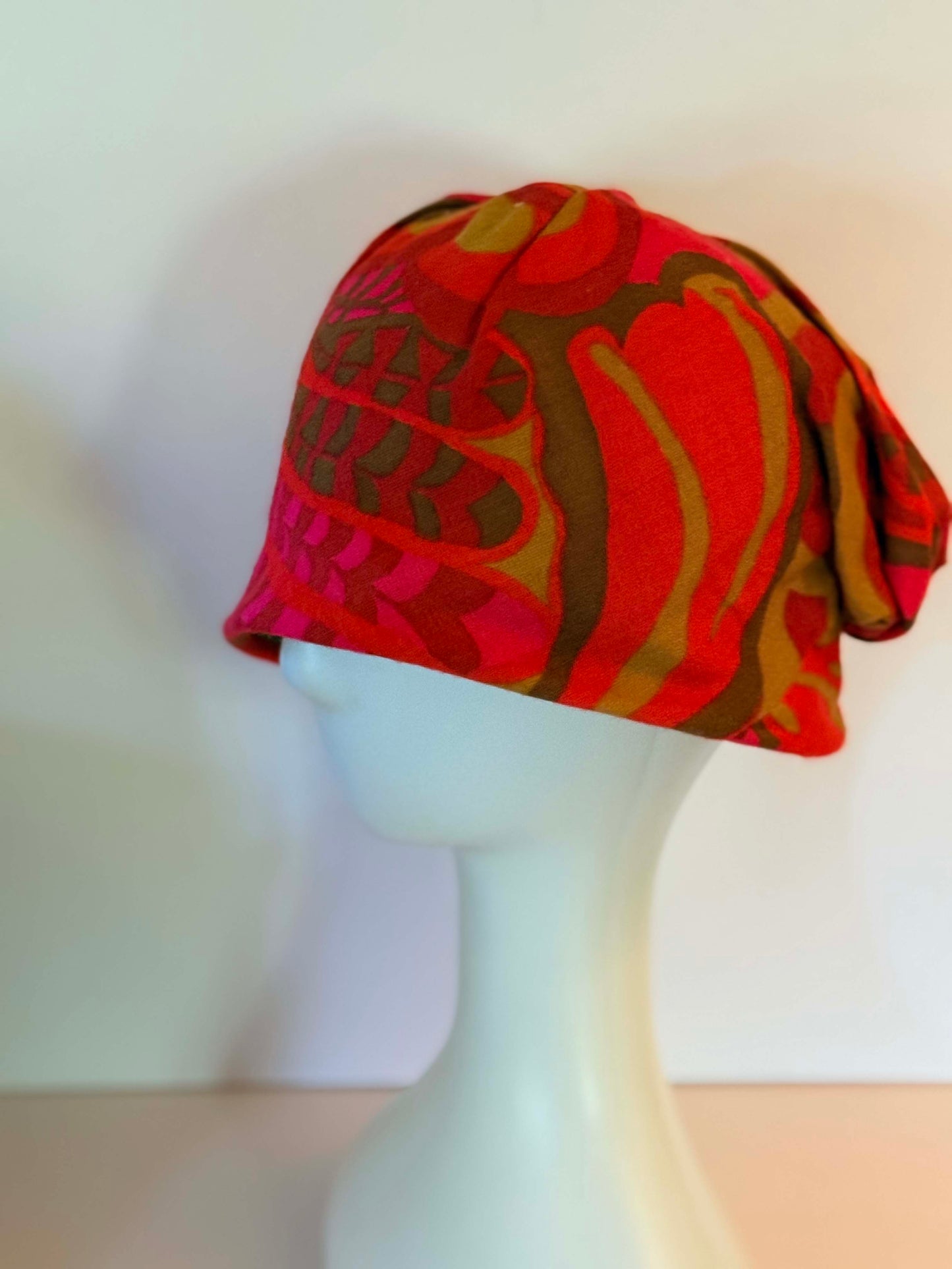Vintage 1960s Psychedelic Mod Turban Hat | Bold Pink Orange Abstract Print Hat | Retro Statement Cocktail Cap