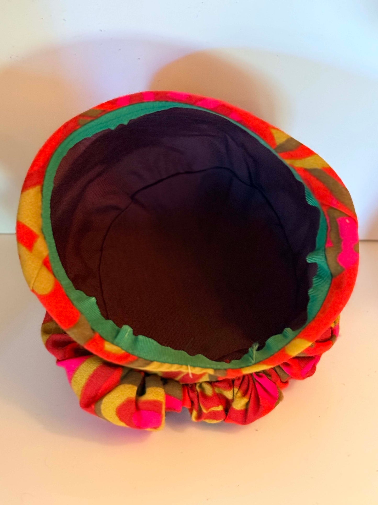 Vintage 1960s Psychedelic Mod Turban Hat | Bold Pink Orange Abstract Print Hat | Retro Statement Cocktail Cap