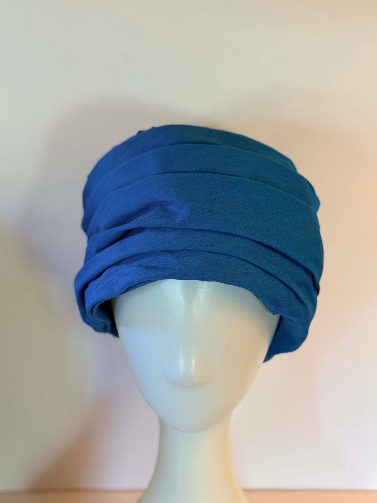 Vintage 1960s Sandra New York Blue Silk Turban Hat | Sapphire Blue Draped Cocktail Hat | Elegant Mod Evening Headpiece