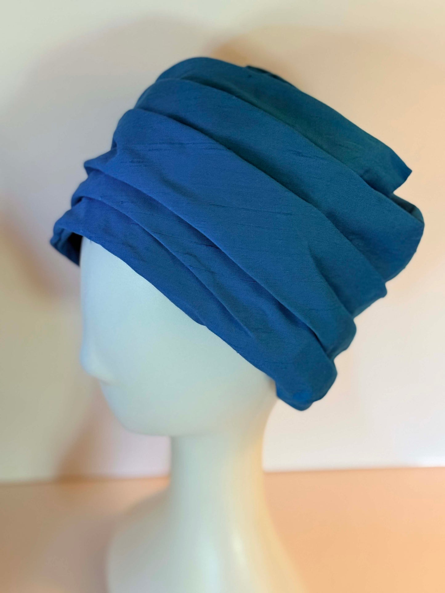 Vintage 1960s Sandra New York Blue Silk Turban Hat | Sapphire Blue Draped Cocktail Hat | Elegant Mod Evening Headpiece