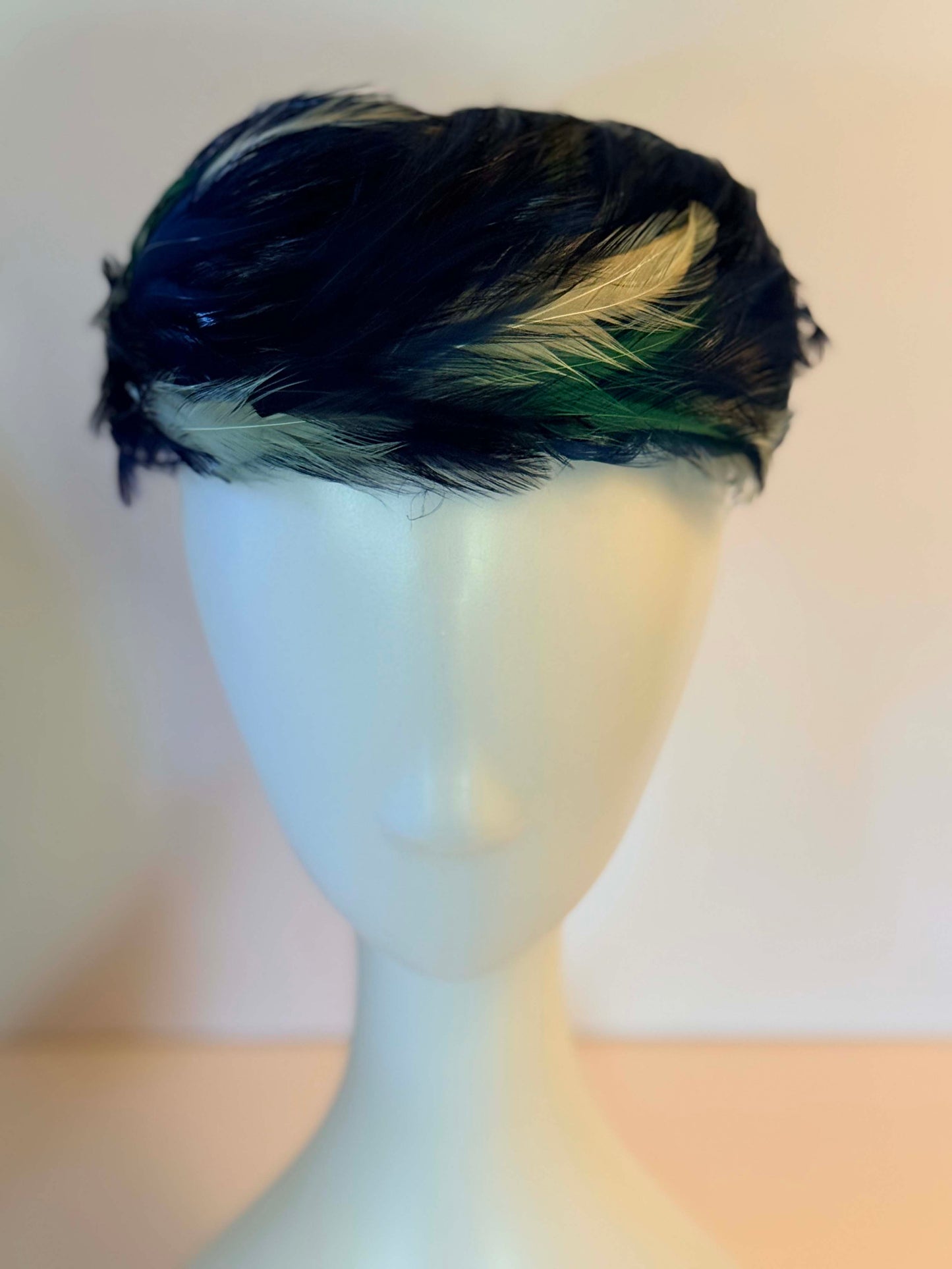 Vintage 1950s Blue Feather Fascinator Hat | Sapphire and Emerald Feather Cocktail Cap | Mid Century Glamour Headpiece