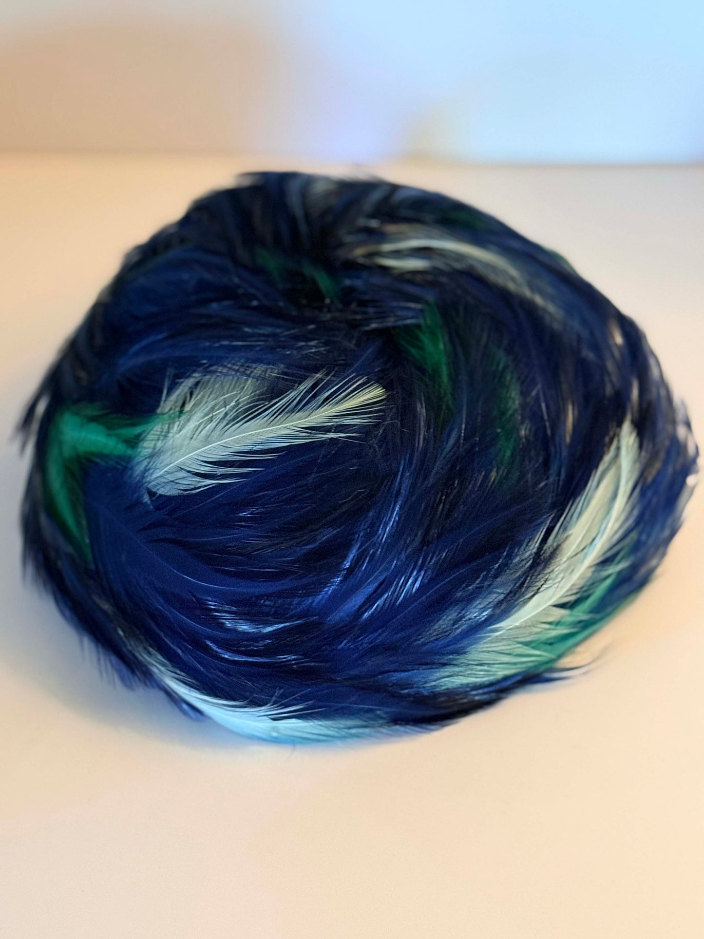Vintage 1950s Blue Feather Fascinator Hat | Sapphire and Emerald Feather Cocktail Cap | Mid Century Glamour Headpiece