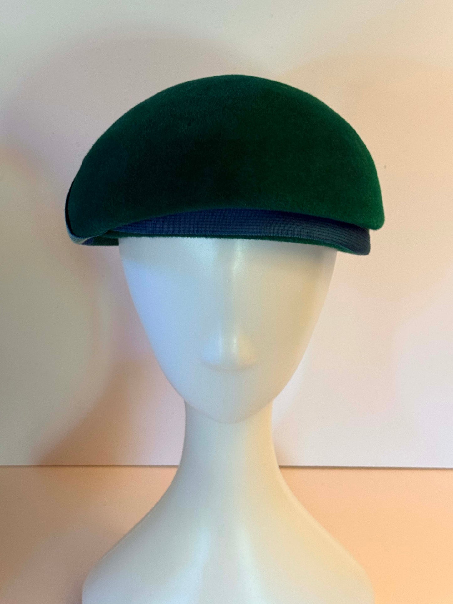 Vintage Mr John Emerald Green Velour Pillbox Bubble Hat | 1960s Couture Mod Cocktail Hat | Blue Ribbon Sculptural Millinery