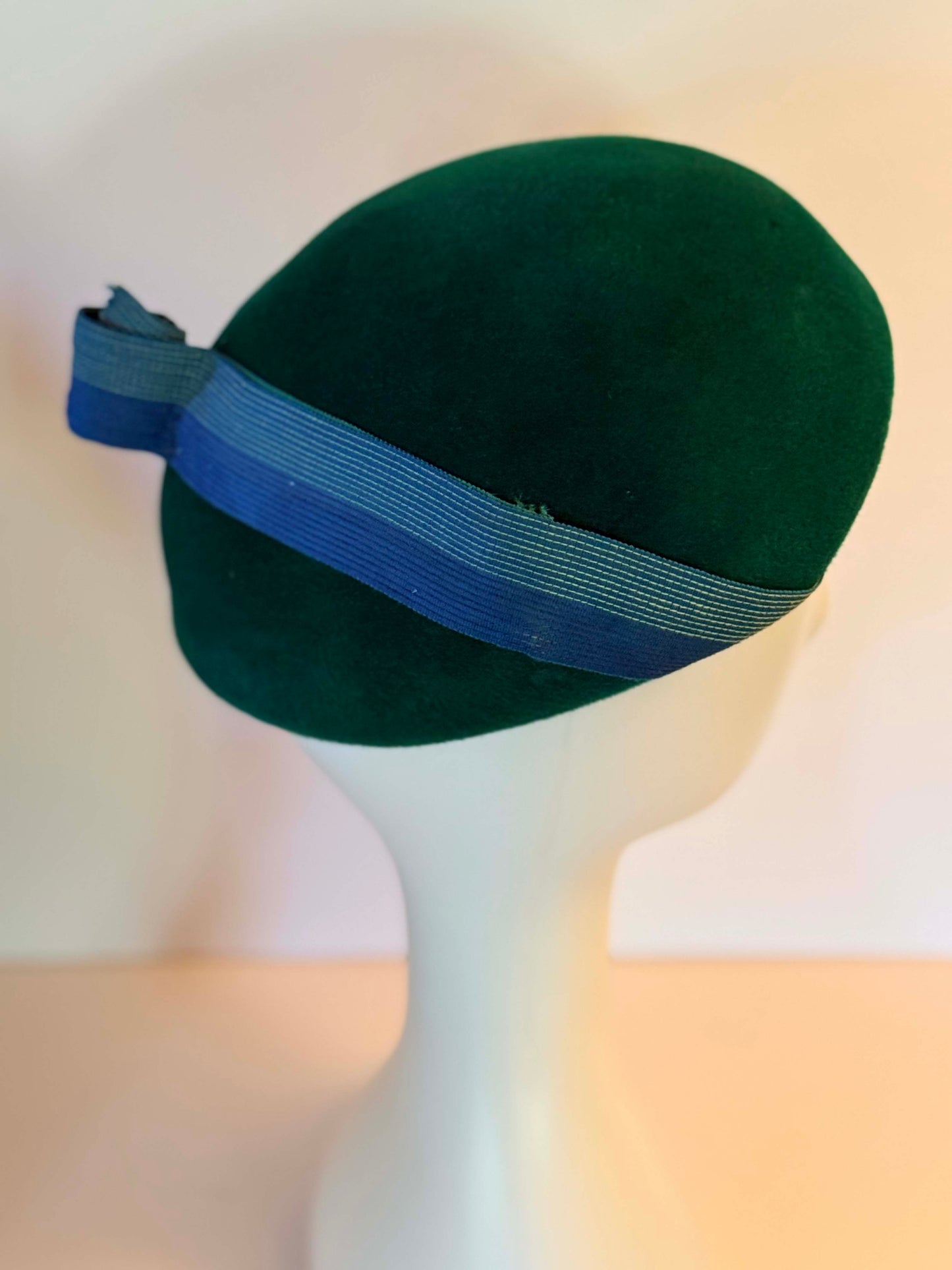 Vintage Mr John Emerald Green Velour Pillbox Bubble Hat | 1960s Couture Mod Cocktail Hat | Blue Ribbon Sculptural Millinery