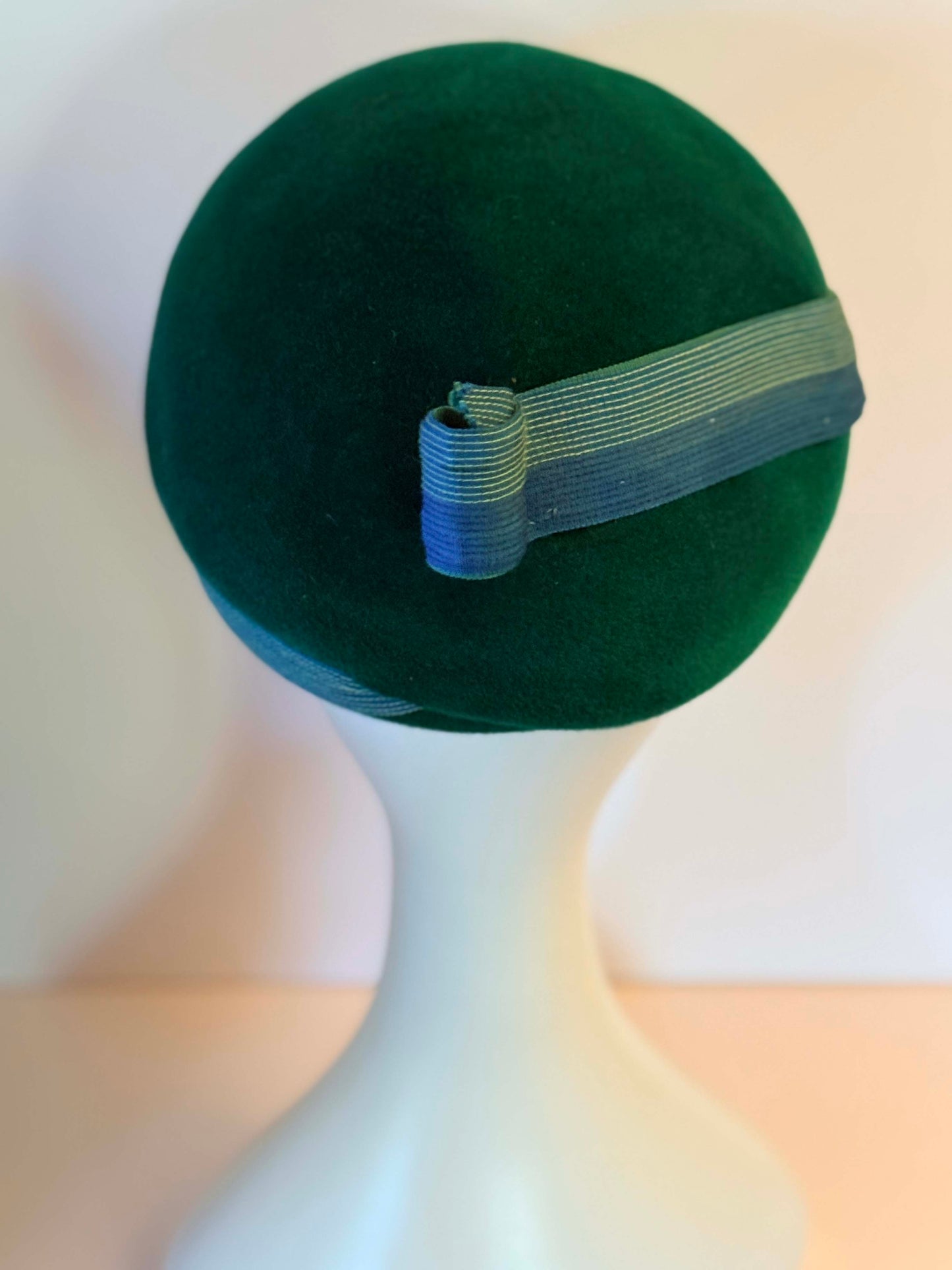 Vintage Mr John Emerald Green Velour Pillbox Bubble Hat | 1960s Couture Mod Cocktail Hat | Blue Ribbon Sculptural Millinery