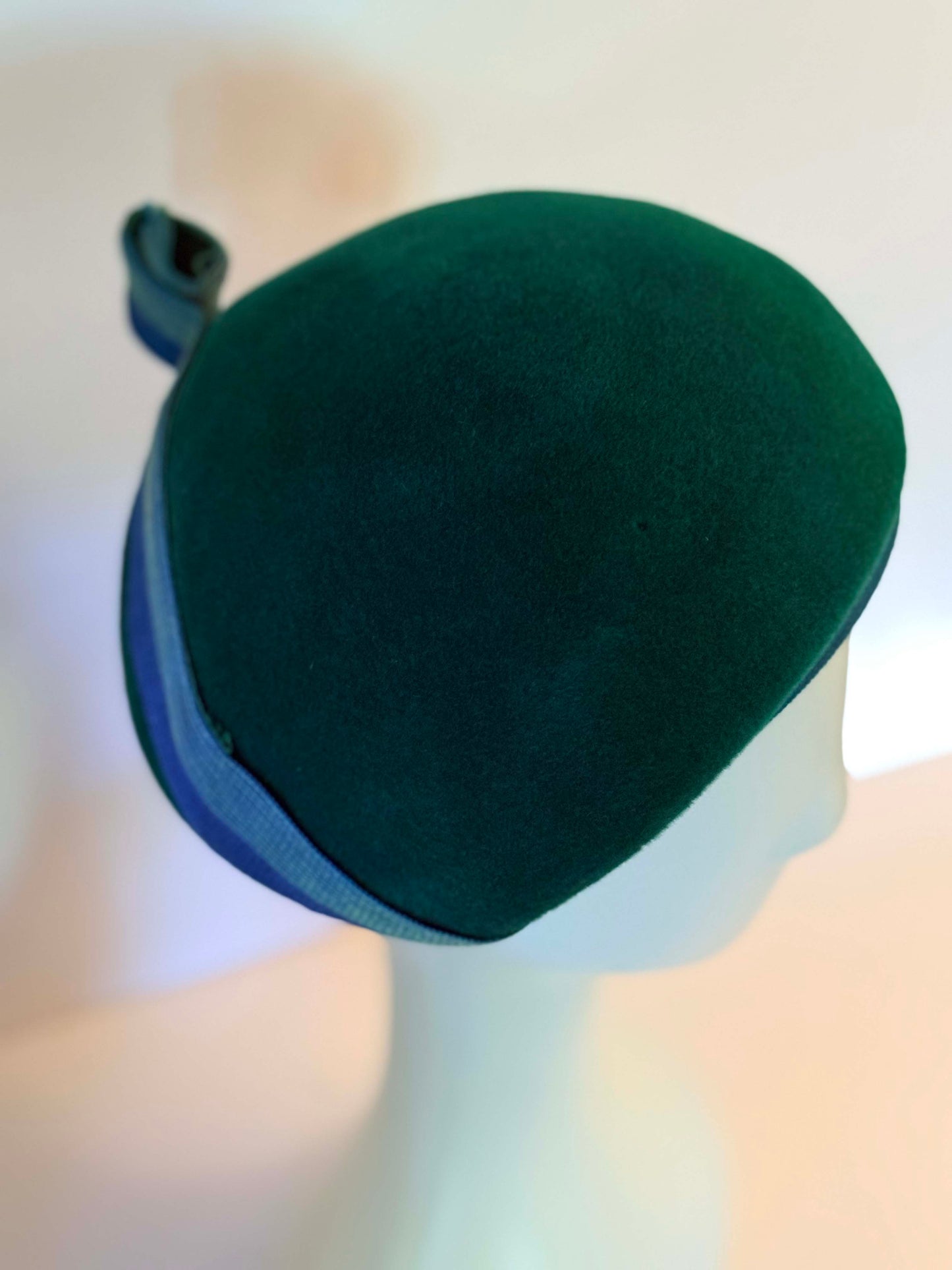 Vintage Mr John Emerald Green Velour Pillbox Bubble Hat | 1960s Couture Mod Cocktail Hat | Blue Ribbon Sculptural Millinery