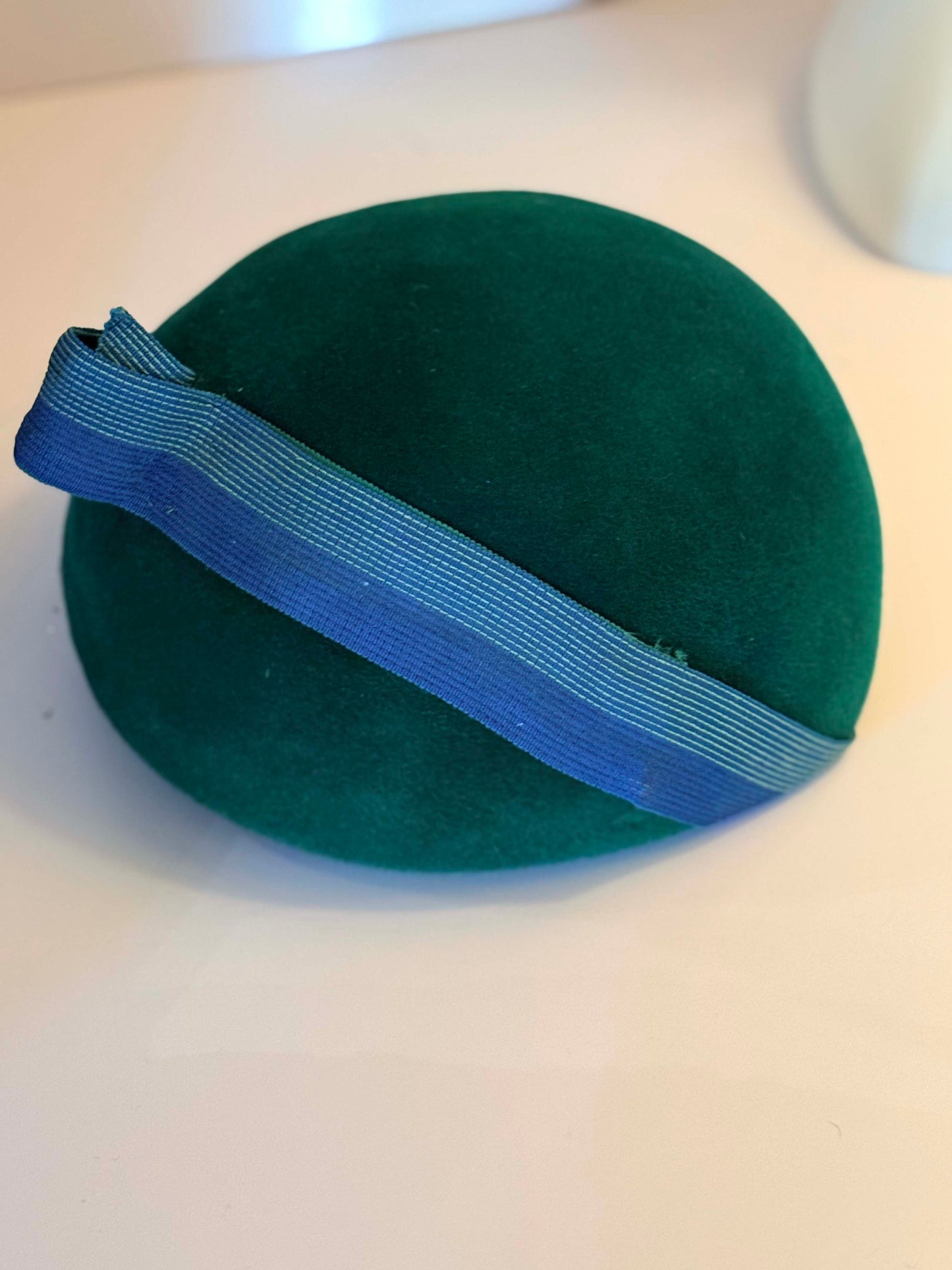 Vintage Mr John Emerald Green Velour Pillbox Bubble Hat | 1960s Couture Mod Cocktail Hat | Blue Ribbon Sculptural Millinery