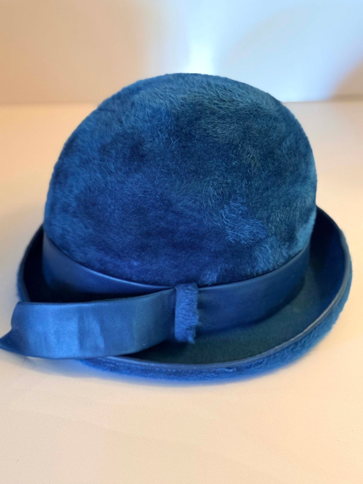 Vintage Adele Claire Sapphire Blue Faux Fur Cloche Hat | 1960s Mod Winter Cocktail Hat | Sculptural Mid Century Millinery
