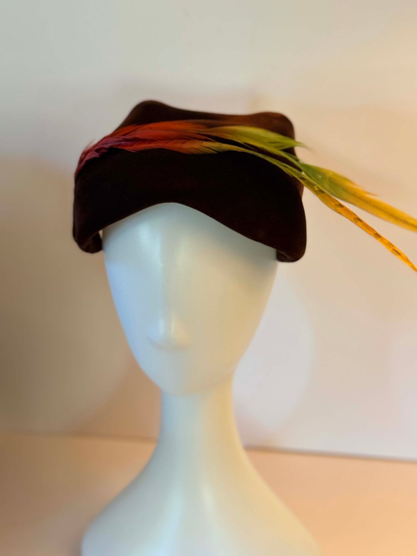 Vintage 1940s Brown Velvet Half Hat with Dramatic Feather Plume | Sculptural Cocktail Fascinator | Avant Garde Mid Century Millinery