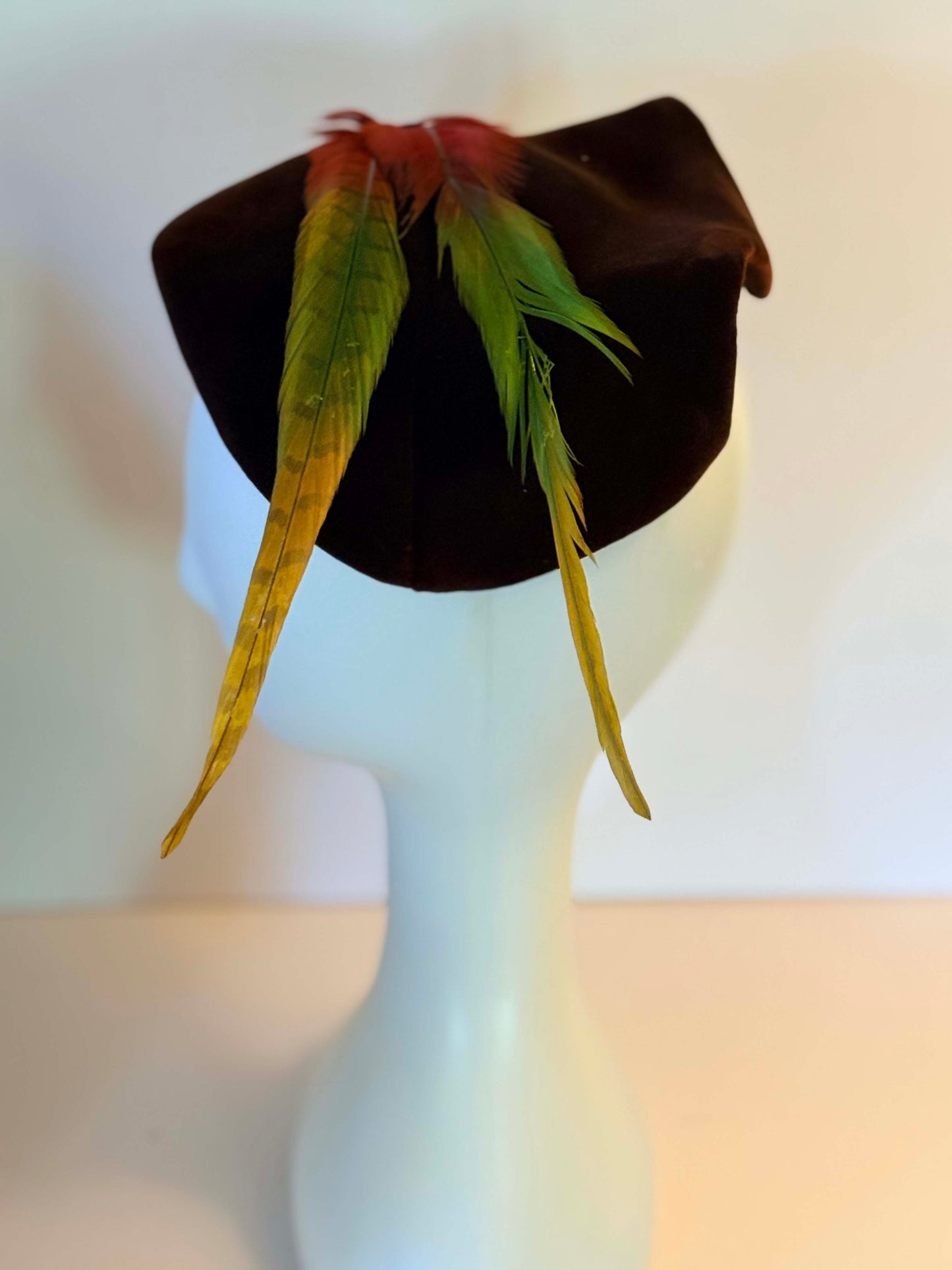Vintage 1940s Brown Velvet Half Hat with Dramatic Feather Plume | Sculptural Cocktail Fascinator | Avant Garde Mid Century Millinery