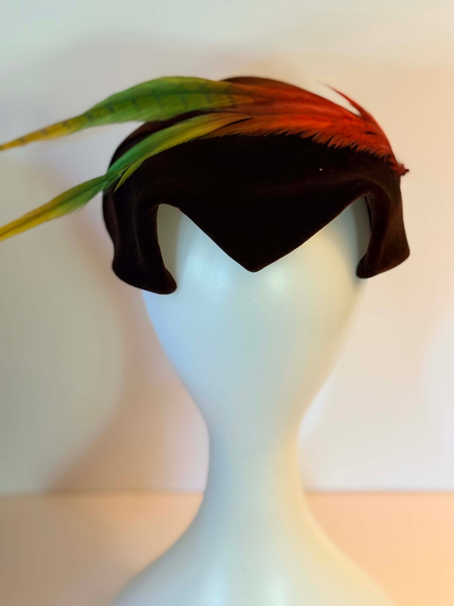 Vintage 1940s Brown Velvet Half Hat with Dramatic Feather Plume | Sculptural Cocktail Fascinator | Avant Garde Mid Century Millinery