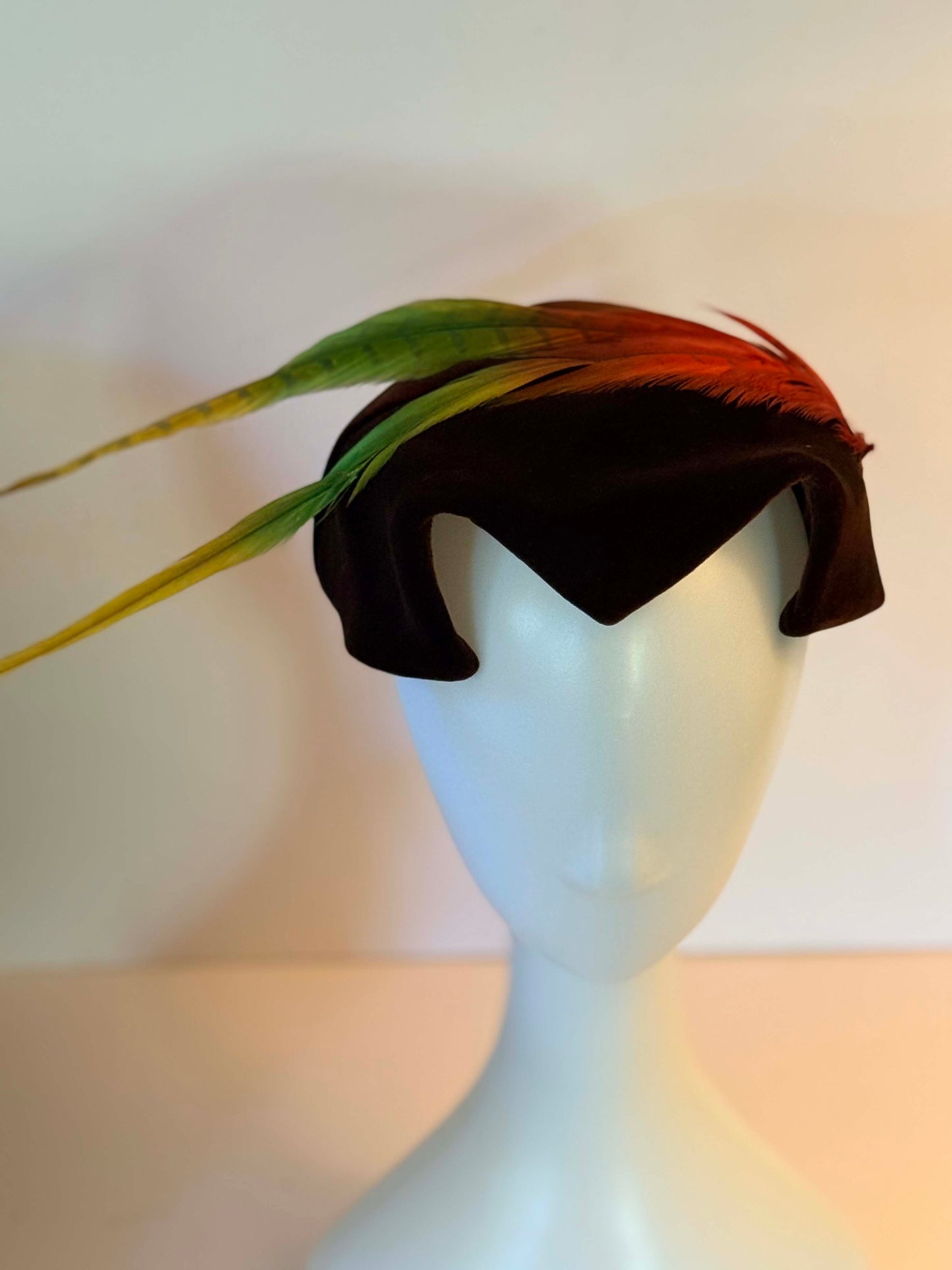 Vintage 1940s Brown Velvet Half Hat with Dramatic Feather Plume | Sculptural Cocktail Fascinator | Avant Garde Mid Century Millinery
