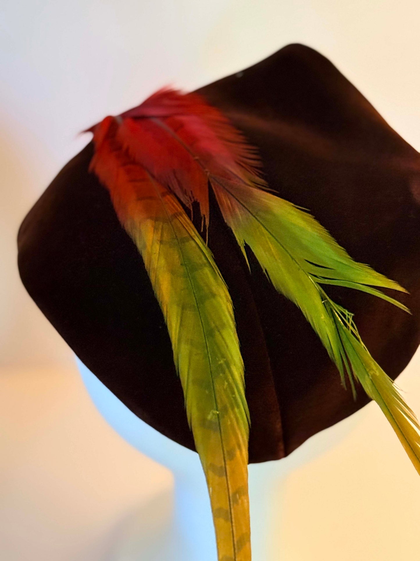 Vintage 1940s Brown Velvet Half Hat with Dramatic Feather Plume | Sculptural Cocktail Fascinator | Avant Garde Mid Century Millinery