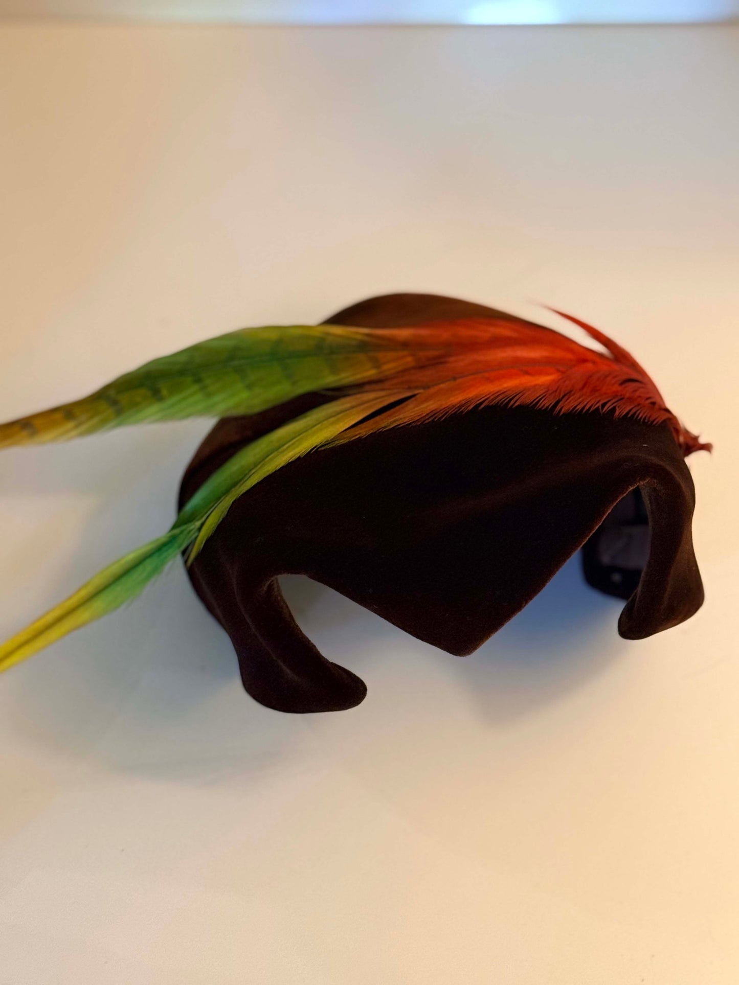 Vintage 1940s Brown Velvet Half Hat with Dramatic Feather Plume | Sculptural Cocktail Fascinator | Avant Garde Mid Century Millinery