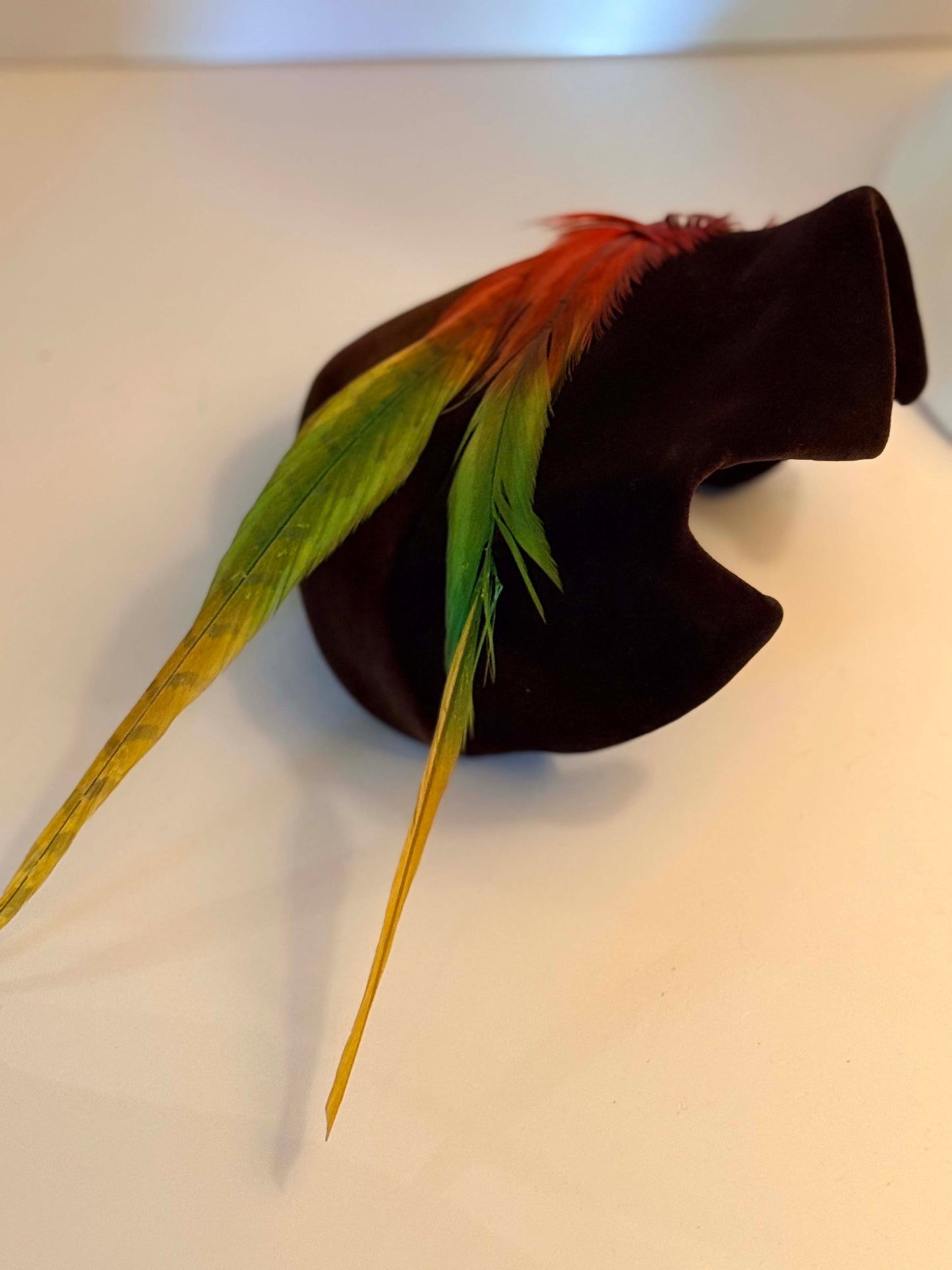 Vintage 1940s Brown Velvet Half Hat with Dramatic Feather Plume | Sculptural Cocktail Fascinator | Avant Garde Mid Century Millinery