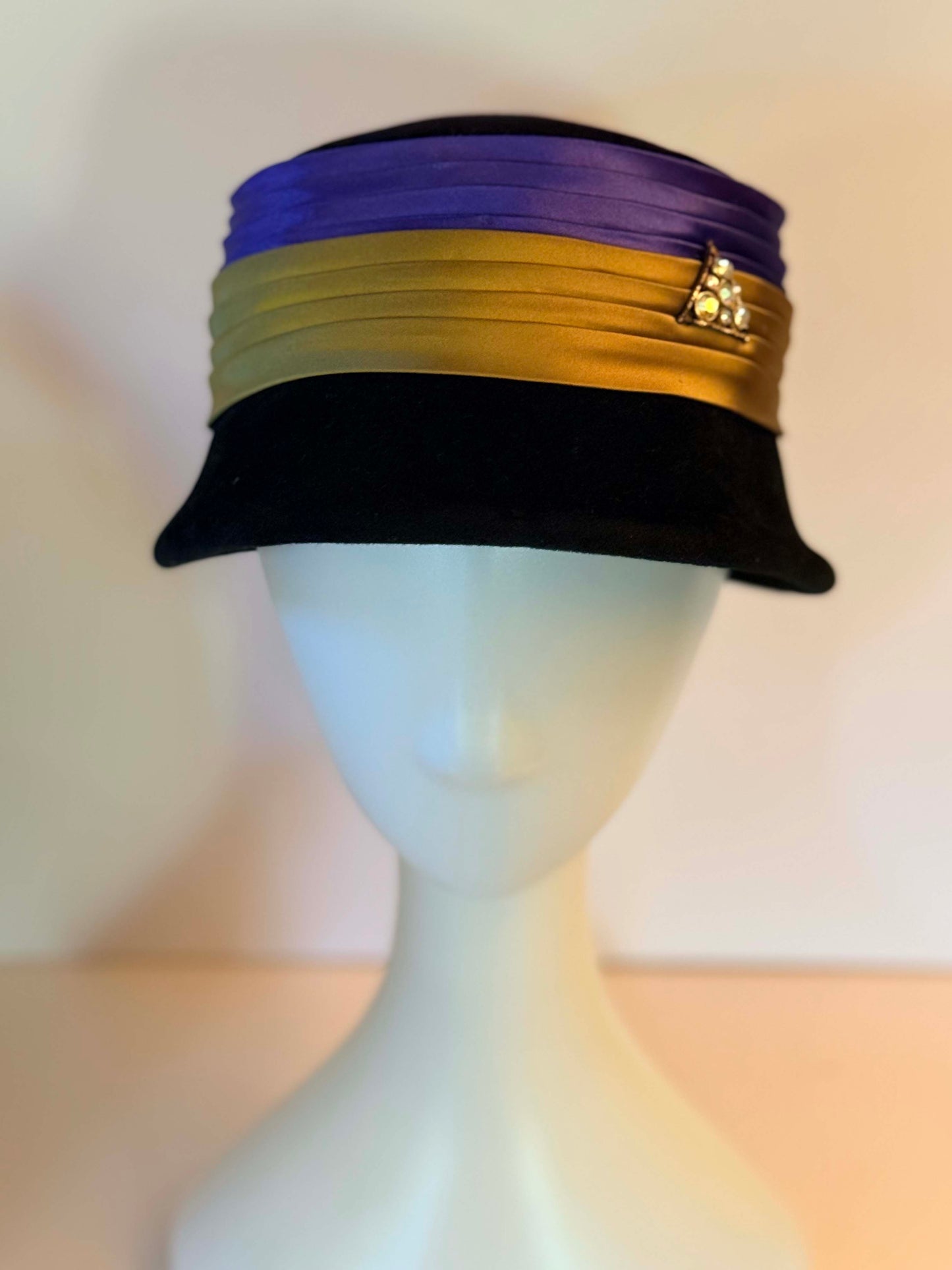 Vintage Black Velvet Cloche Hat | Art Deco Satin Band Cocktail Hat | 1930s Inspired Rhinestone Accent Millinery