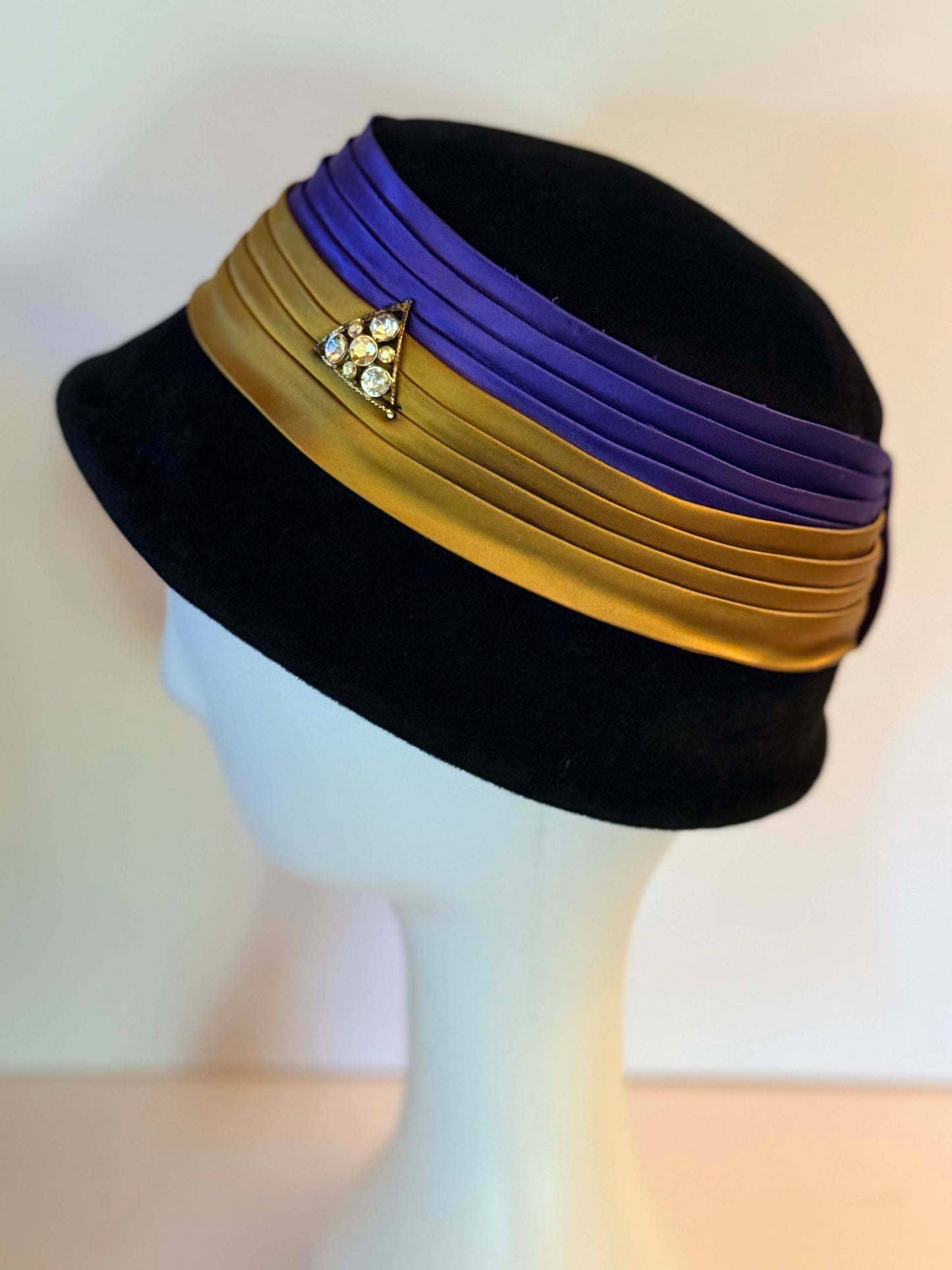 Vintage Black Velvet Cloche Hat | Art Deco Satin Band Cocktail Hat | 1930s Inspired Rhinestone Accent Millinery