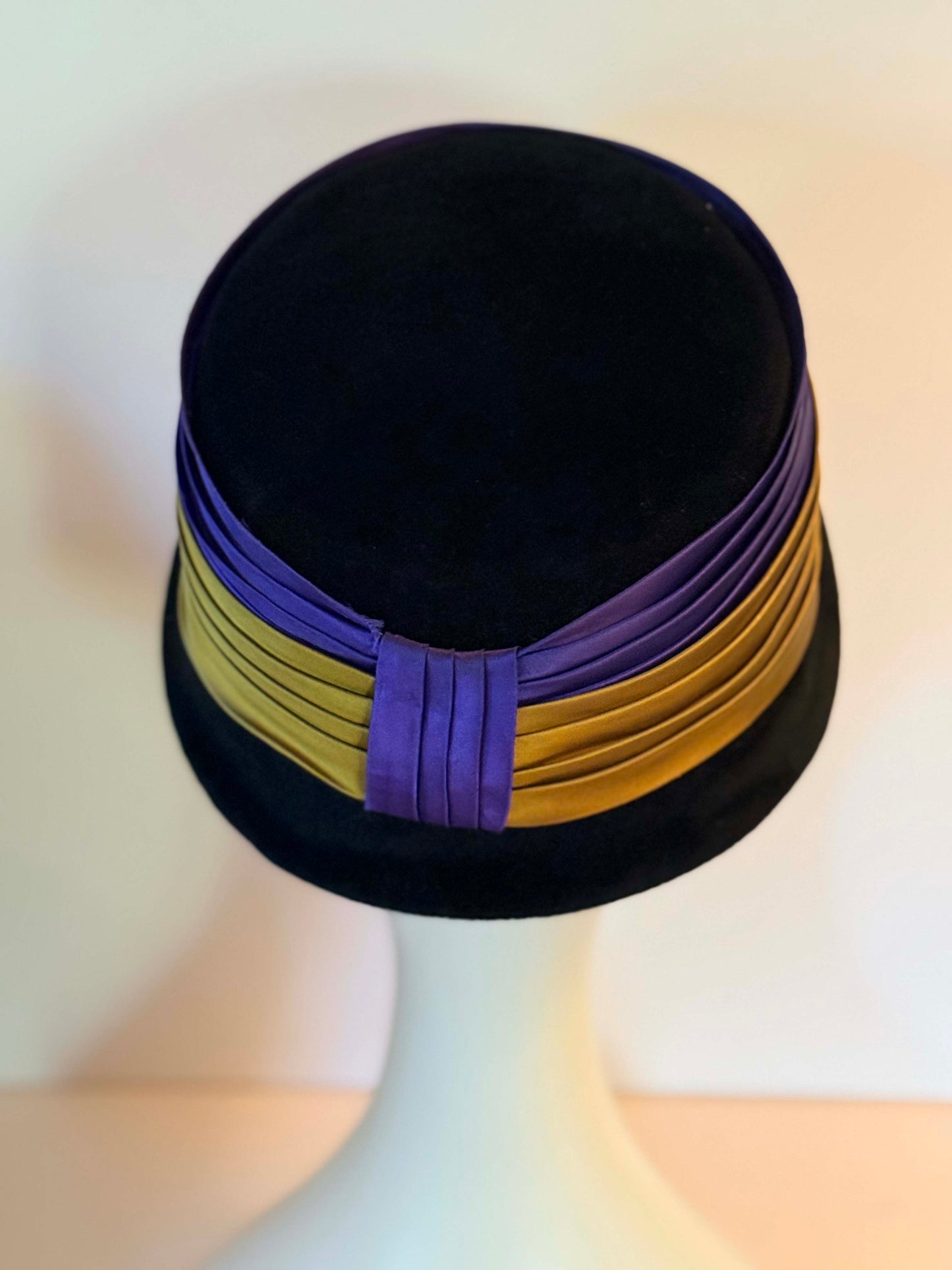 Vintage Black Velvet Cloche Hat | Art Deco Satin Band Cocktail Hat | 1930s Inspired Rhinestone Accent Millinery