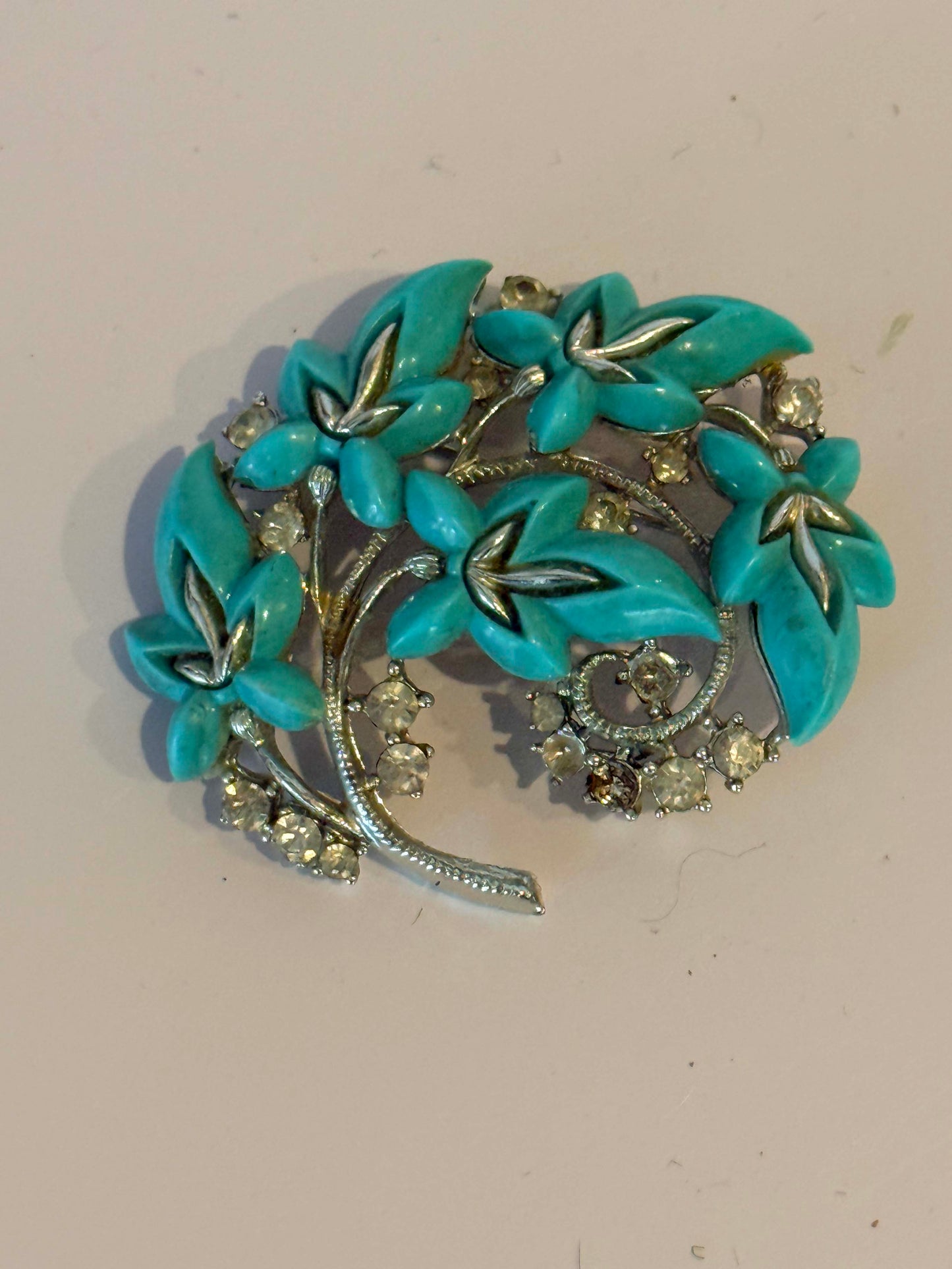 Vintage Turquoise Blue Floral Rhinestone Brooch | Mid Century Flower Spray Pin | Retro Statement Jewelry