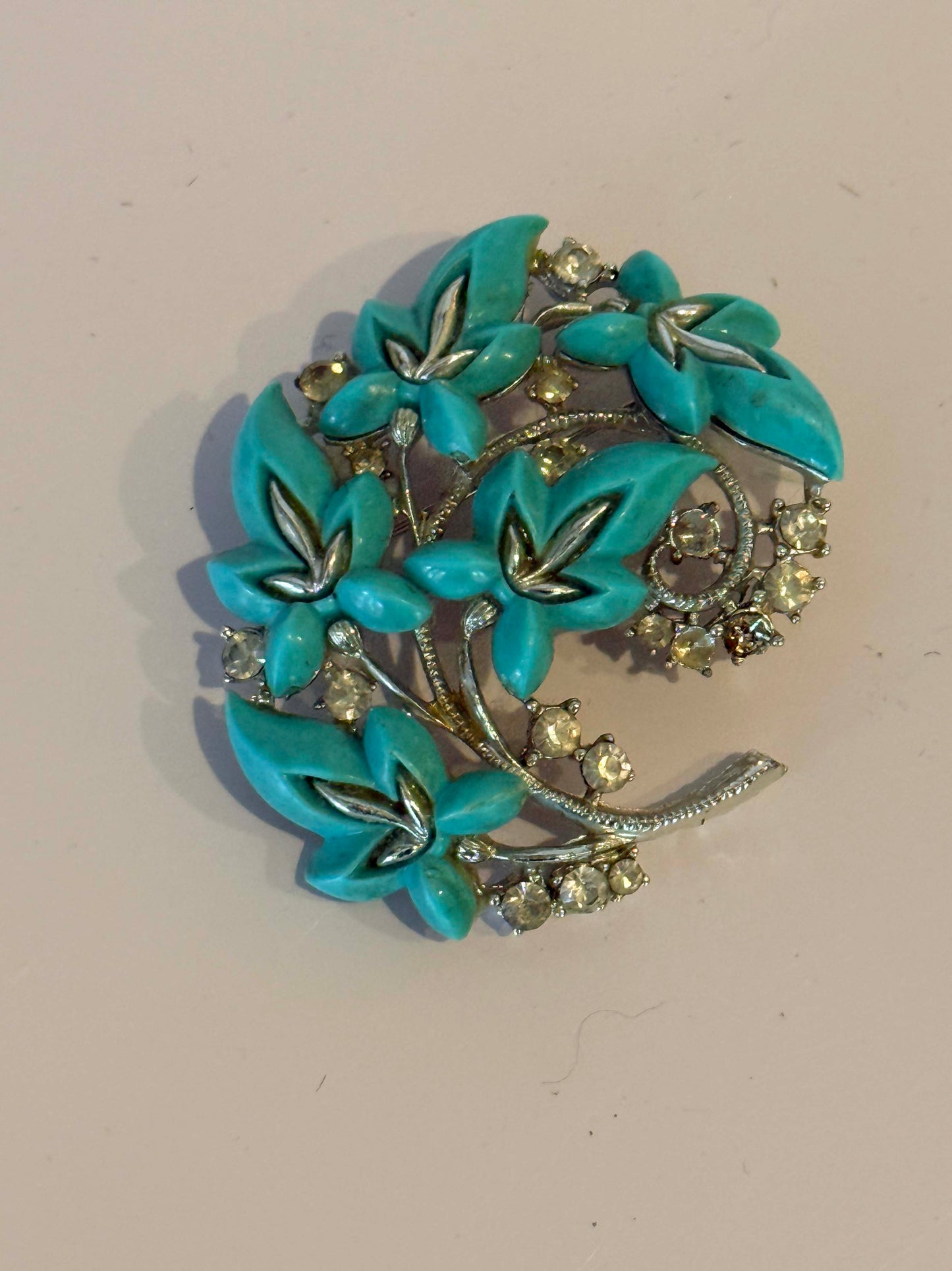 Vintage Turquoise Blue Floral Rhinestone Brooch | Mid Century Flower Spray Pin | Retro Statement Jewelry