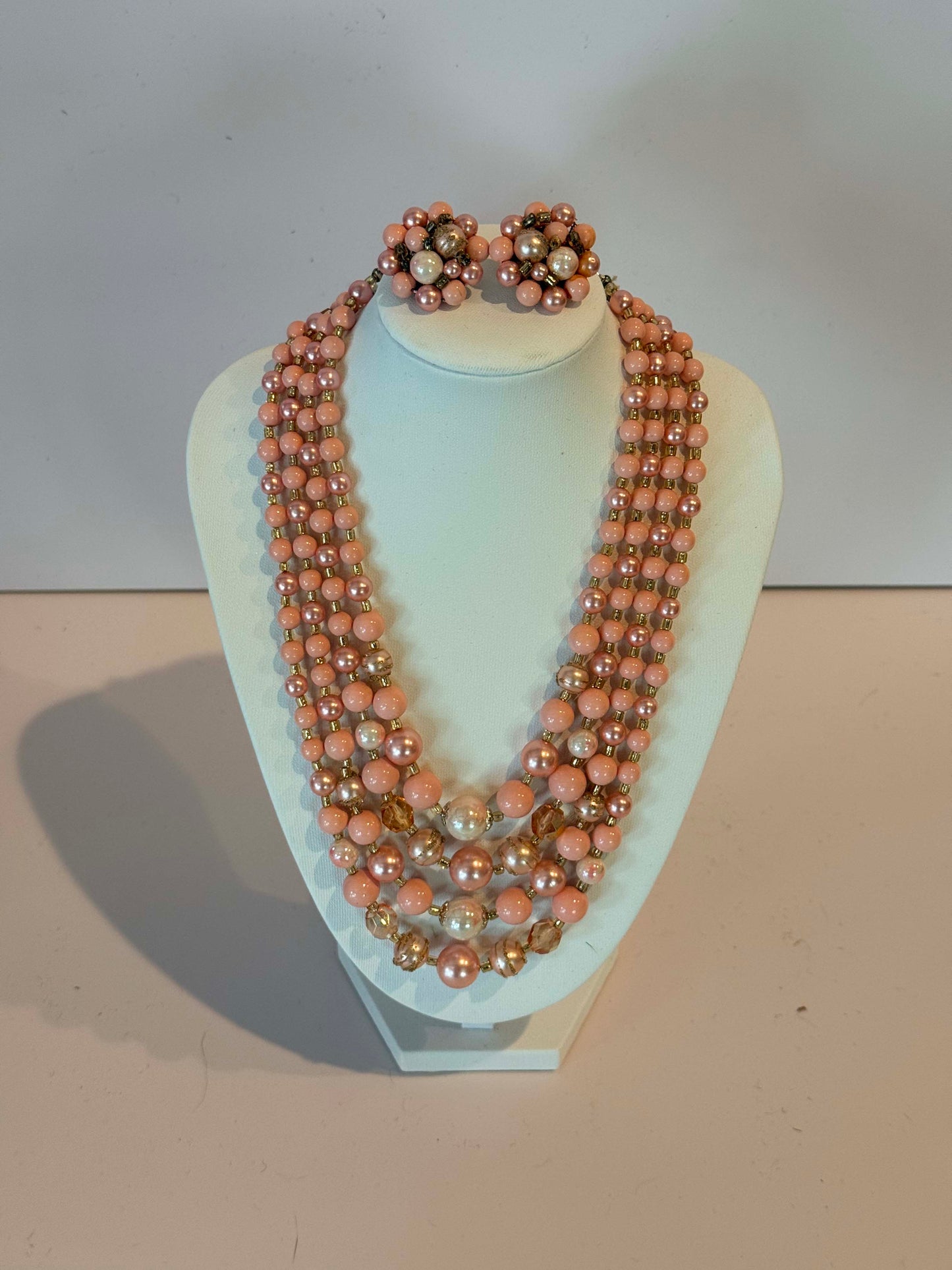 Vintage Pink Multi Strand Beaded Necklace Set, Pink Pearl Necklace and Earrings, 1950s Statement Jewelry, Mid Century Costume Jewelry Set