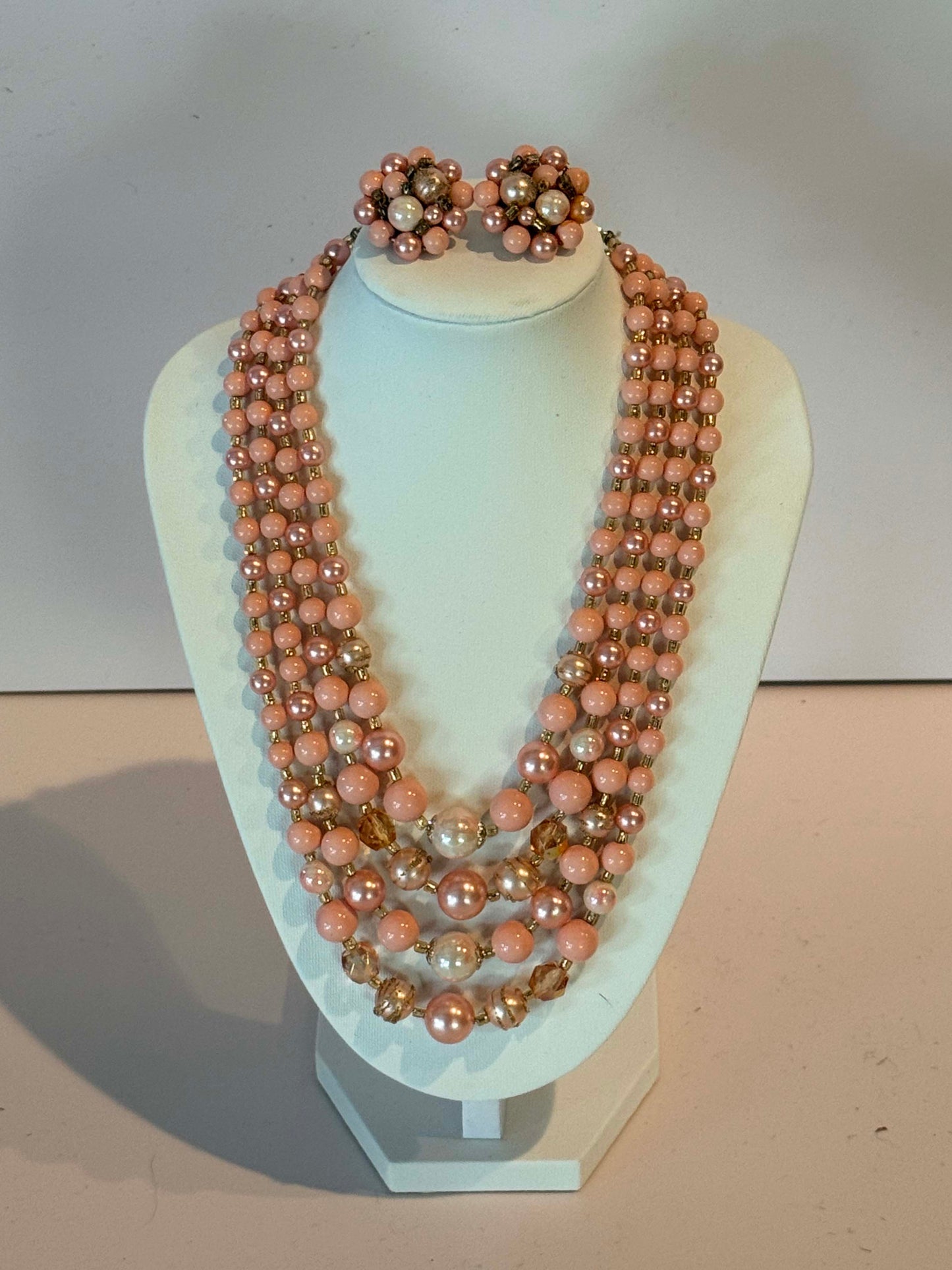 Vintage Pink Multi Strand Beaded Necklace Set, Pink Pearl Necklace and Earrings, 1950s Statement Jewelry, Mid Century Costume Jewelry Set