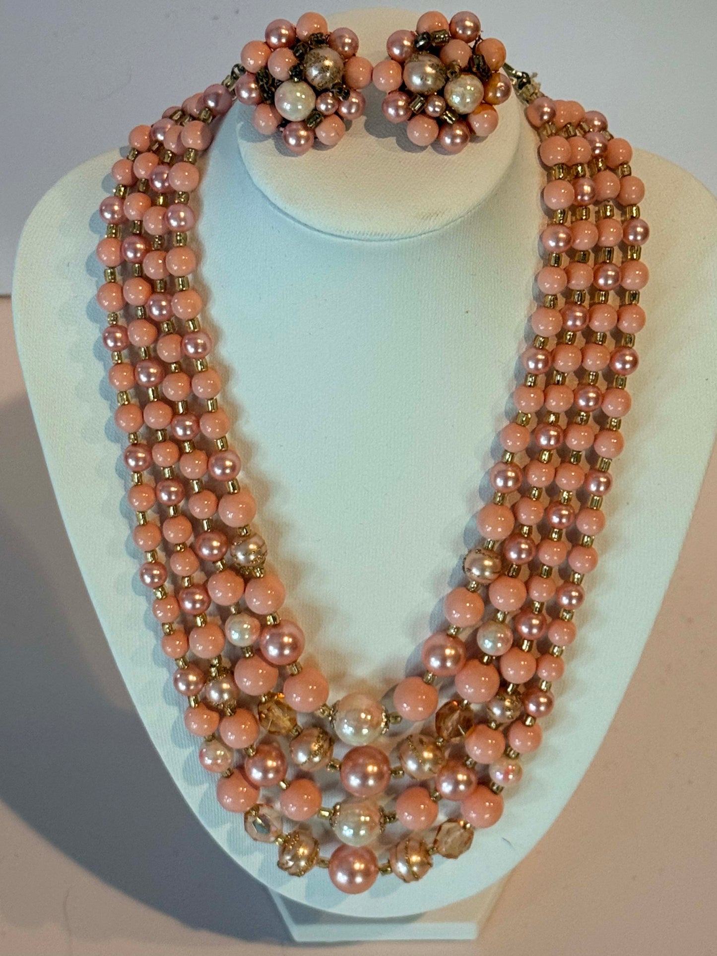 Vintage Pink Multi Strand Beaded Necklace Set, Pink Pearl Necklace and Earrings, 1950s Statement Jewelry, Mid Century Costume Jewelry Set