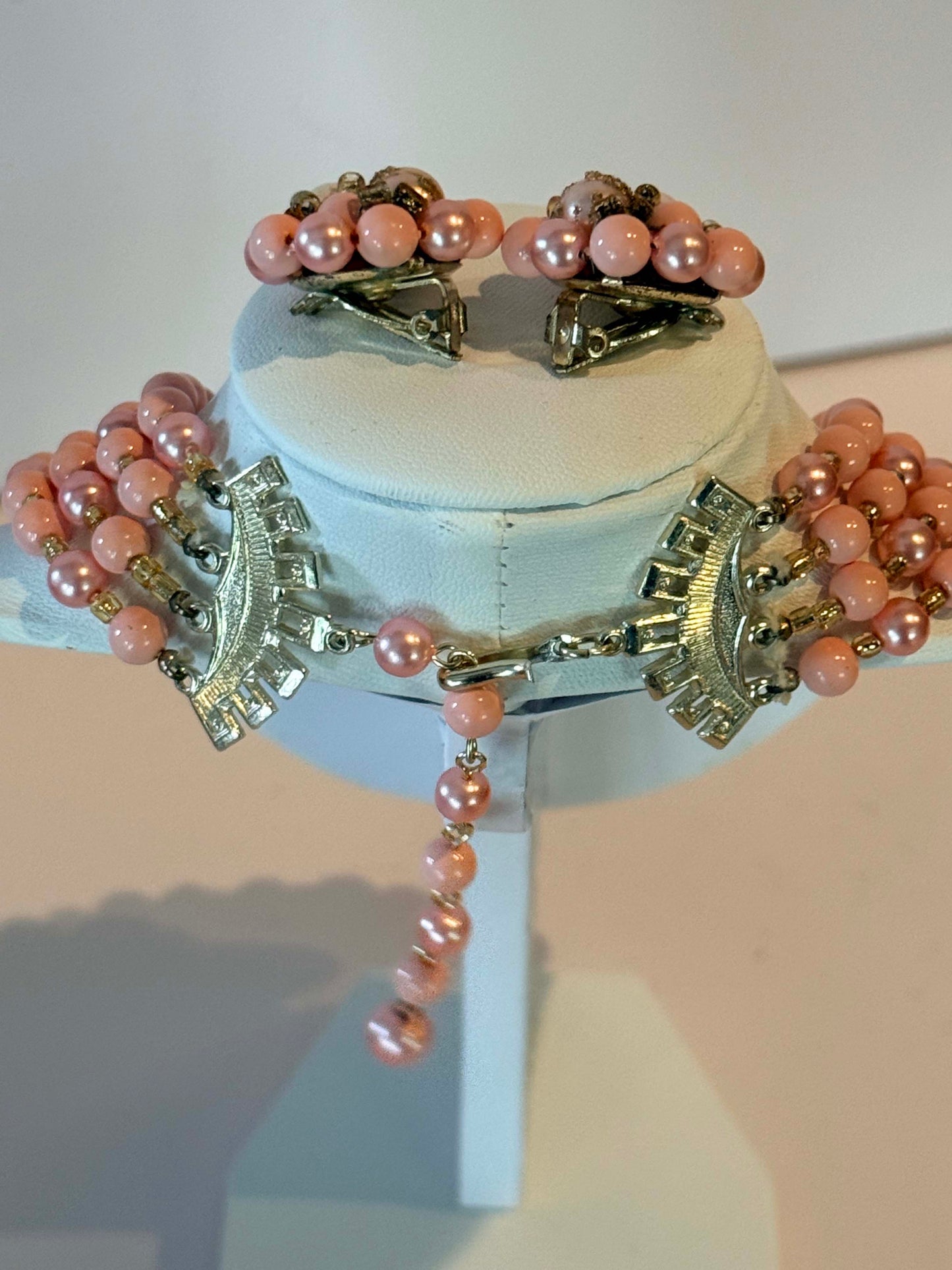 Vintage Pink Multi Strand Beaded Necklace Set, Pink Pearl Necklace and Earrings, 1950s Statement Jewelry, Mid Century Costume Jewelry Set