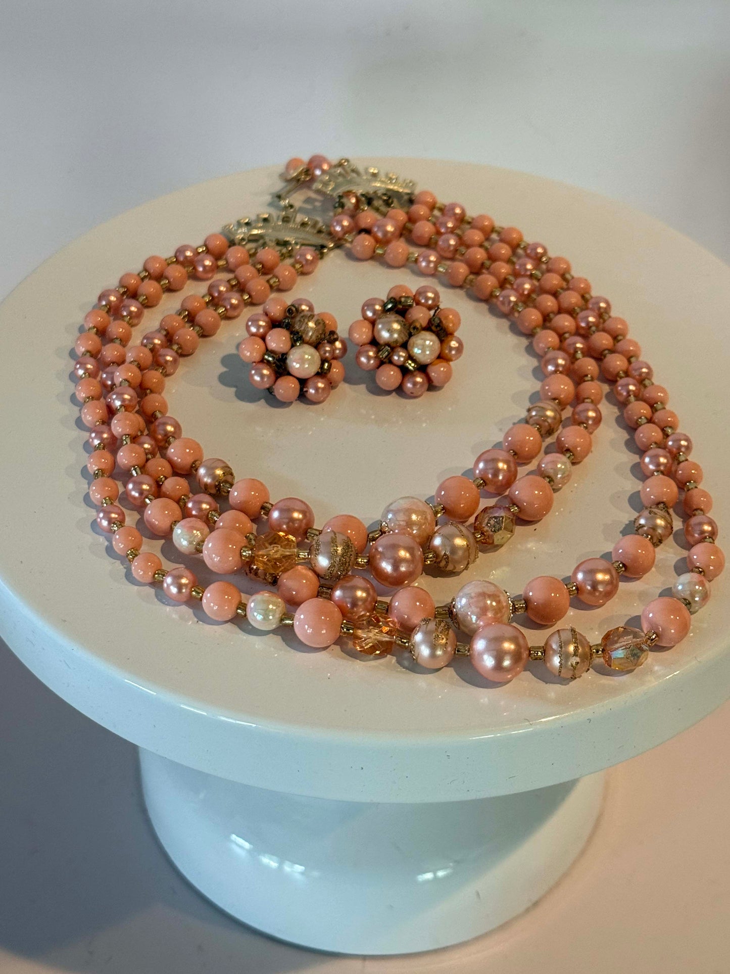 Vintage Pink Multi Strand Beaded Necklace Set, Pink Pearl Necklace and Earrings, 1950s Statement Jewelry, Mid Century Costume Jewelry Set