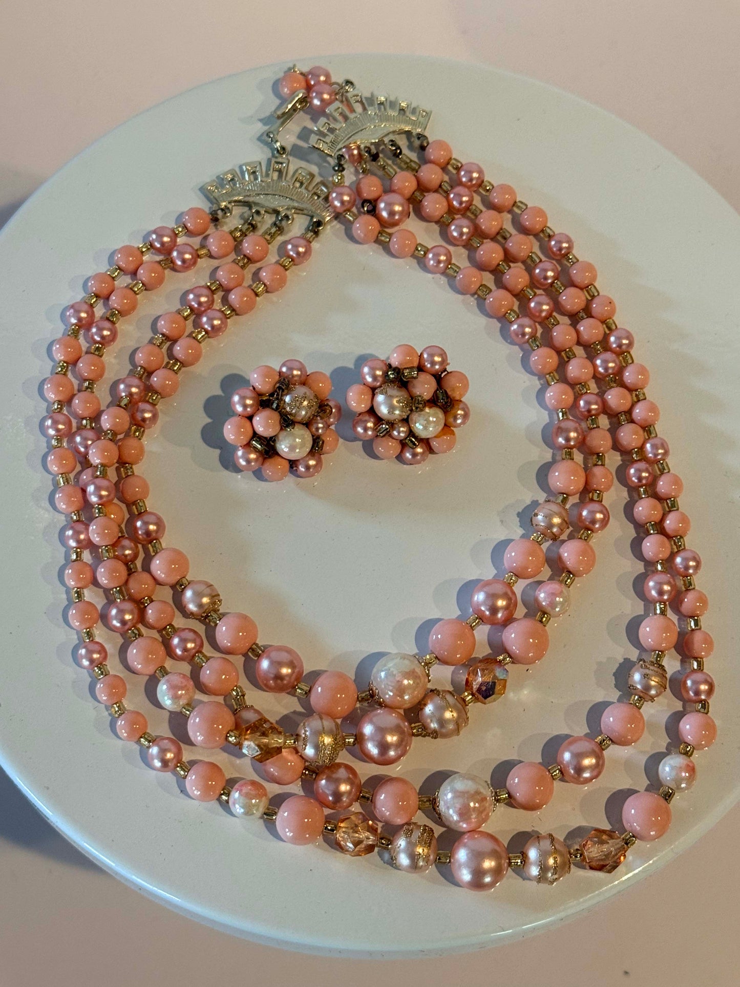 Vintage Pink Multi Strand Beaded Necklace Set, Pink Pearl Necklace and Earrings, 1950s Statement Jewelry, Mid Century Costume Jewelry Set
