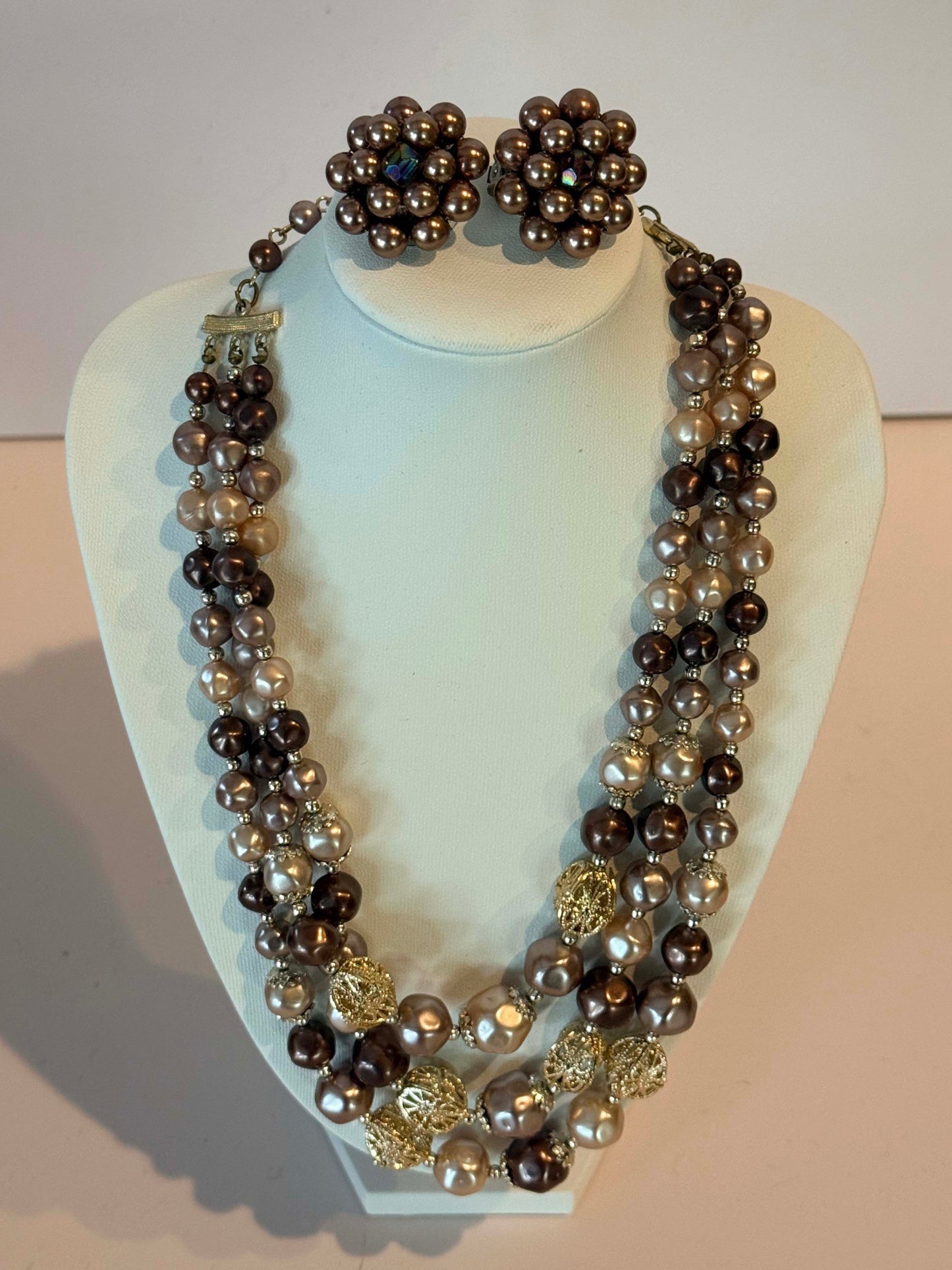 Vintage Brown Pearl Necklace and Earrings Set, Triple Strand Pearl Demi Parure, Mocha Champagne Pearl Jewelry, Mid Century Statement Necklace