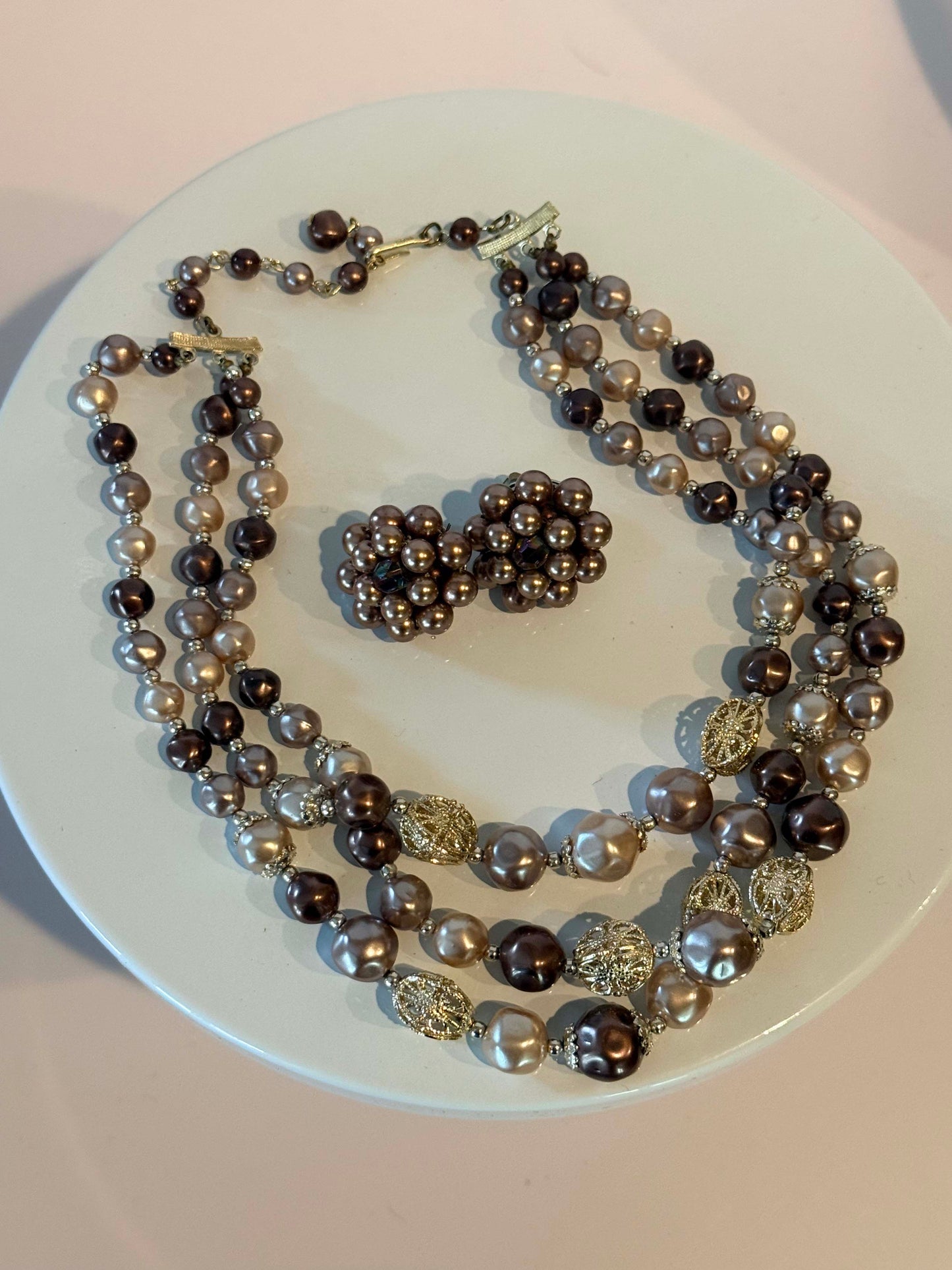 Vintage Brown Pearl Necklace and Earrings Set, Triple Strand Pearl Demi Parure, Mocha Champagne Pearl Jewelry, Mid Century Statement Necklace