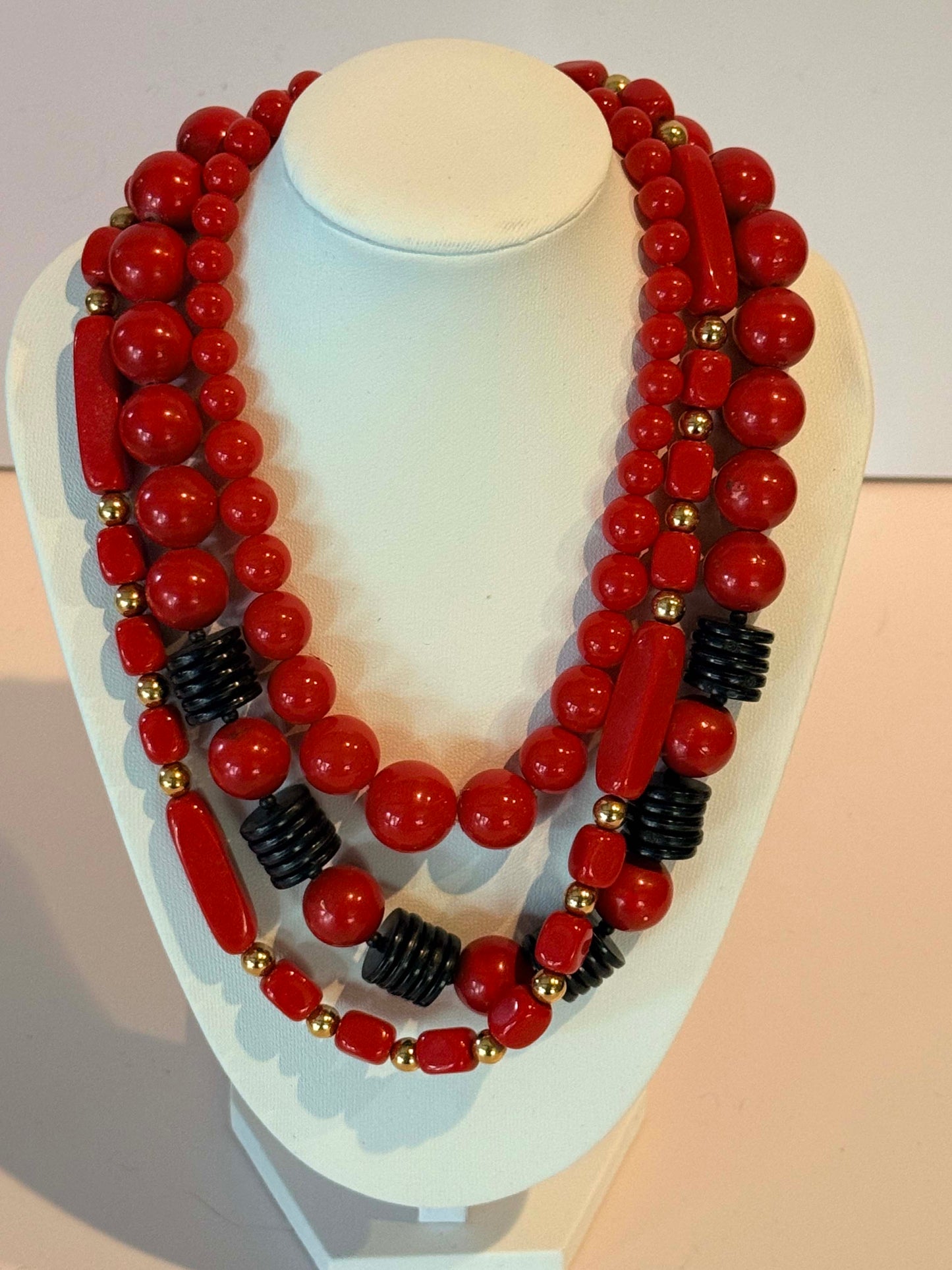 Vintage Red Beaded Necklace Collection | Set of 3 Retro Lucite Necklaces | Mid Century Statement Jewelry Lot