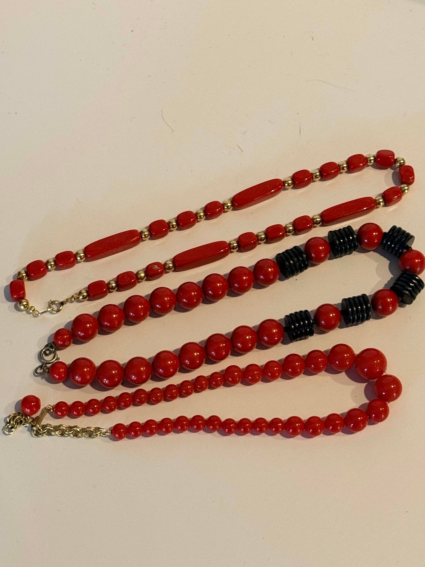 Vintage Red Beaded Necklace Collection | Set of 3 Retro Lucite Necklaces | Mid Century Statement Jewelry Lot