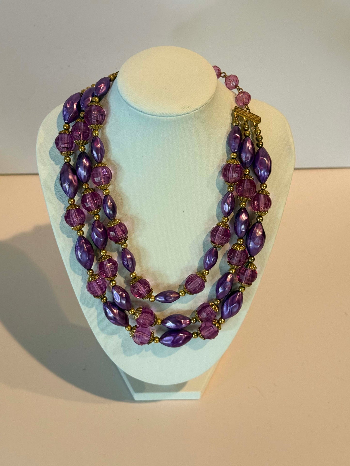 Vintage Purple Lucite Necklace, Triple Strand Statement Necklace, Lavender Bead Jewelry, Mid Century Costume Jewelry, 1960s Mod Necklace