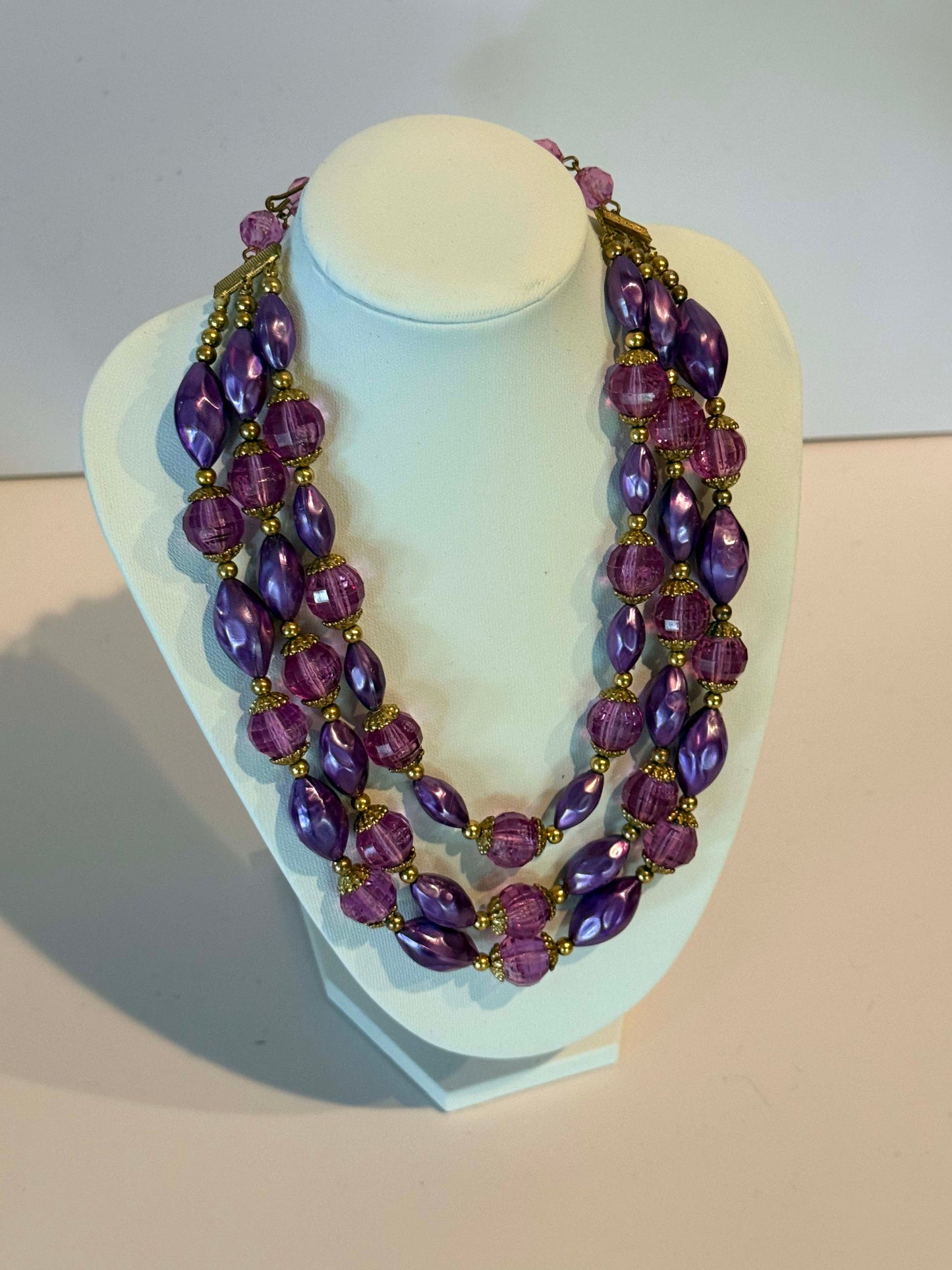 Vintage Purple Lucite Necklace, Triple Strand Statement Necklace, Lavender Bead Jewelry, Mid Century Costume Jewelry, 1960s Mod Necklace