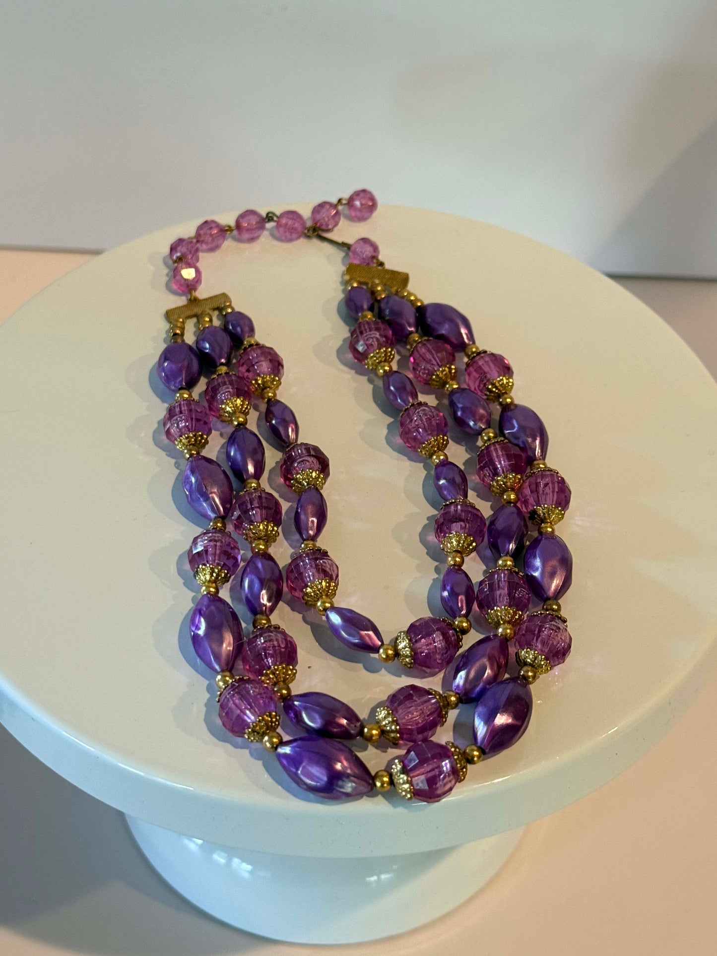 Vintage Purple Lucite Necklace, Triple Strand Statement Necklace, Lavender Bead Jewelry, Mid Century Costume Jewelry, 1960s Mod Necklace