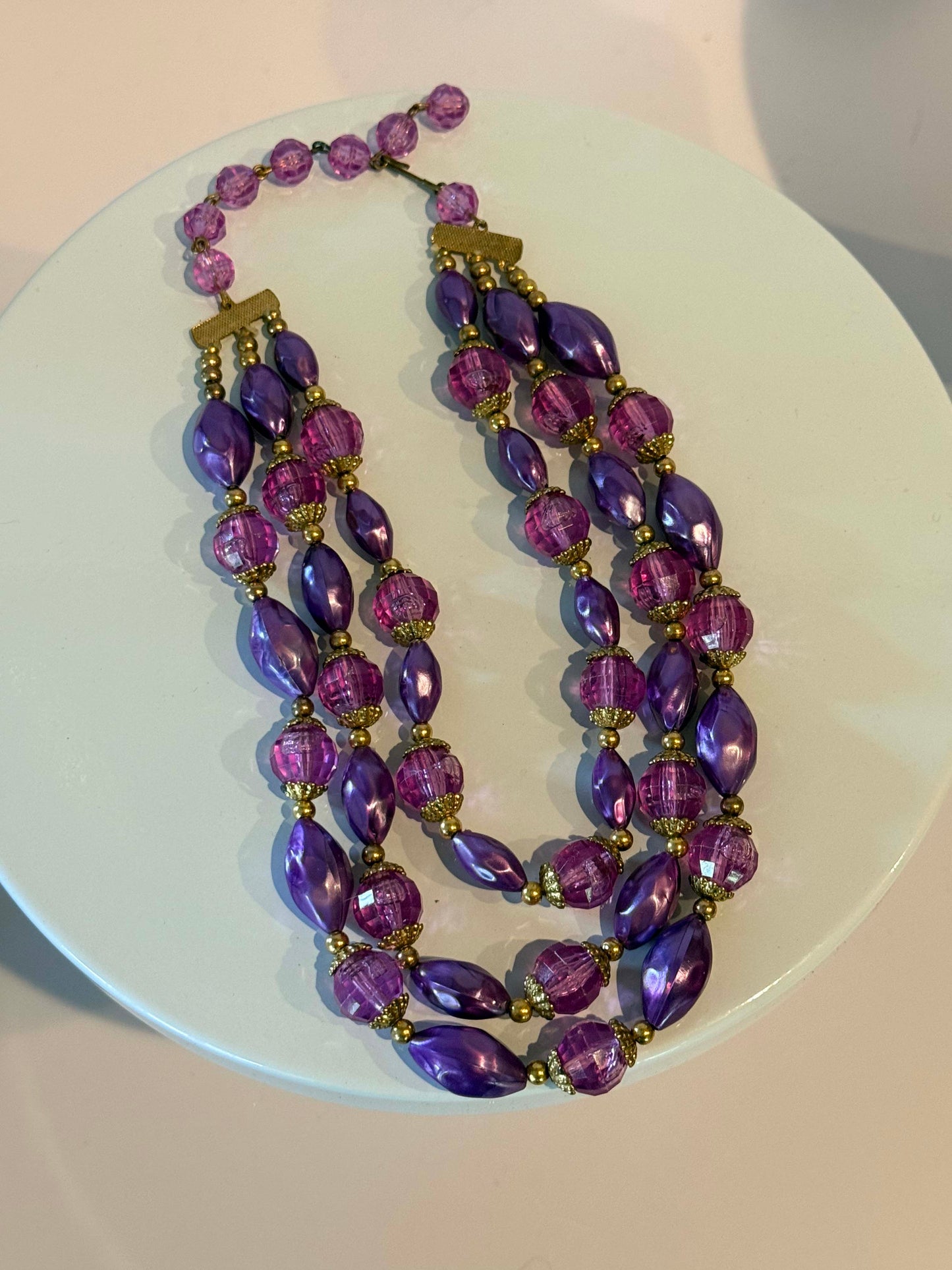 Vintage Purple Lucite Necklace, Triple Strand Statement Necklace, Lavender Bead Jewelry, Mid Century Costume Jewelry, 1960s Mod Necklace