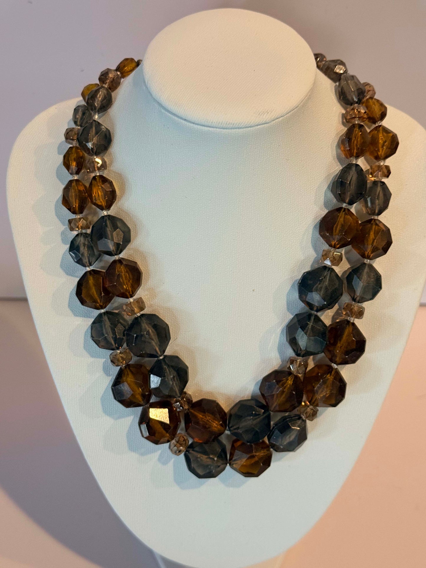 Vintage Cha Cha Bead Necklace, Triple Strand Amber and Smoky Gray Lucite Necklace, Carnegie Signed Costume Jewelry, Mid Century Statement Necklace