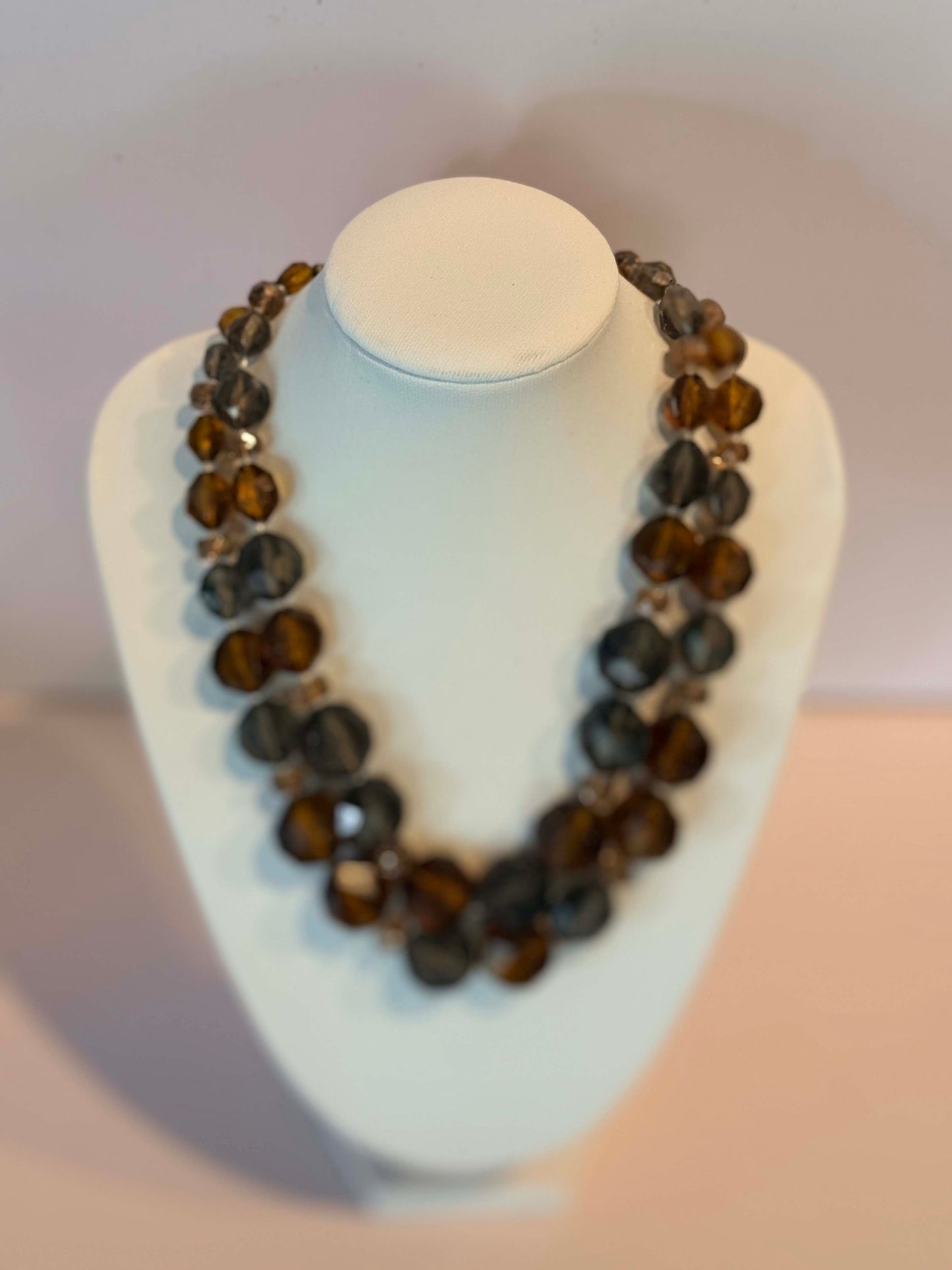 Vintage Cha Cha Bead Necklace, Triple Strand Amber and Smoky Gray Lucite Necklace, Carnegie Signed Costume Jewelry, Mid Century Statement Necklace