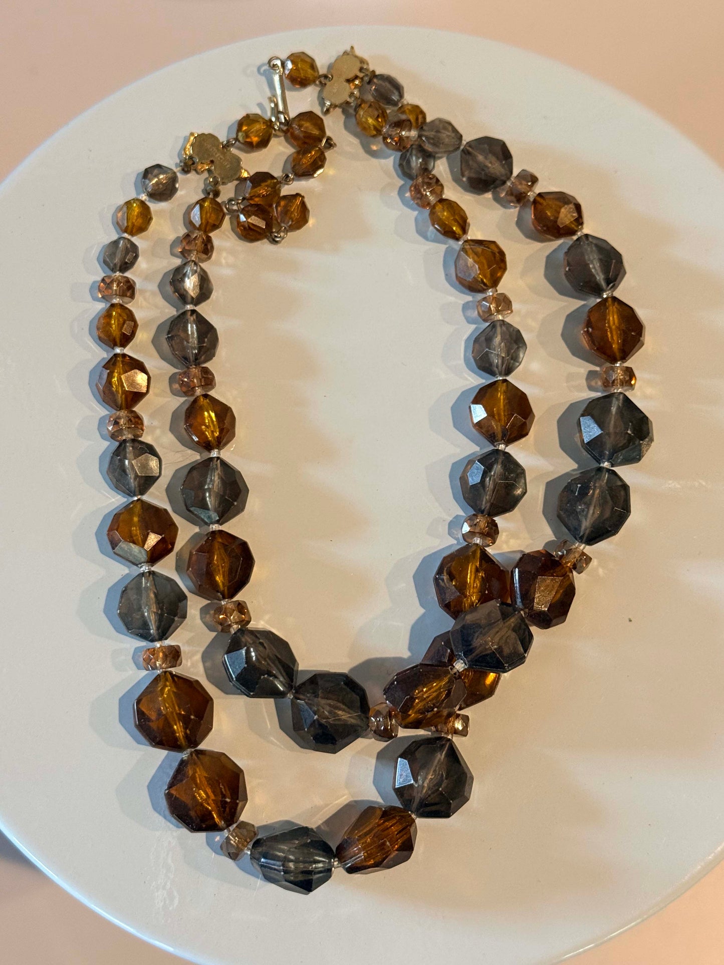 Vintage Cha Cha Bead Necklace, Triple Strand Amber and Smoky Gray Lucite Necklace, Carnegie Signed Costume Jewelry, Mid Century Statement Necklace