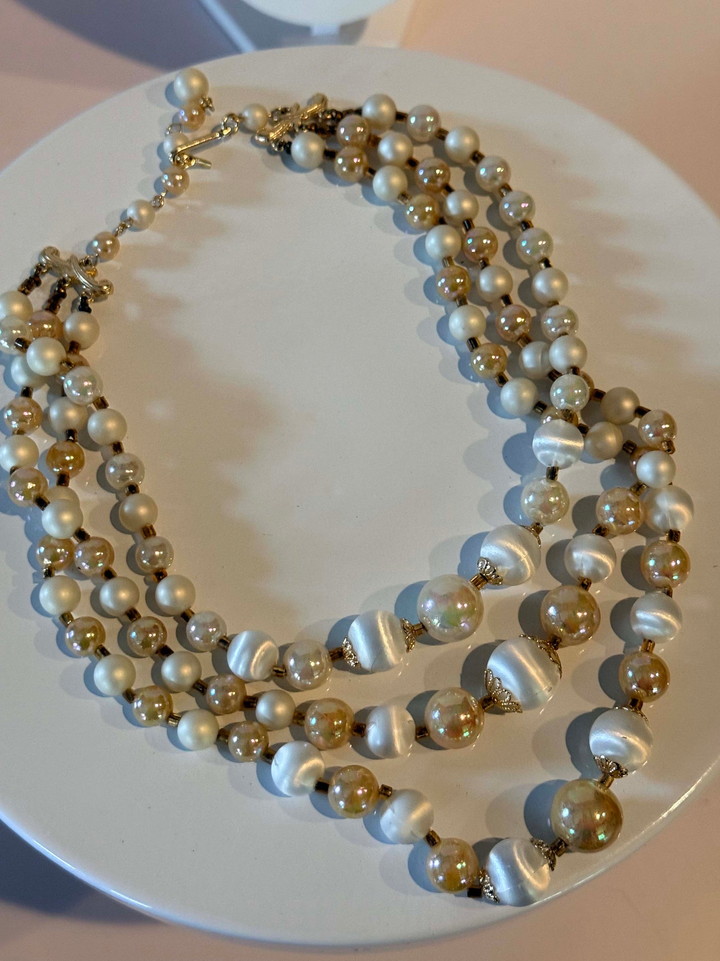 Vintage Triple Strand Faux Pearl Necklace, Ivory and Champagne Bead Necklace, Mid Century Statement Jewelry, Elegant Wedding Necklace