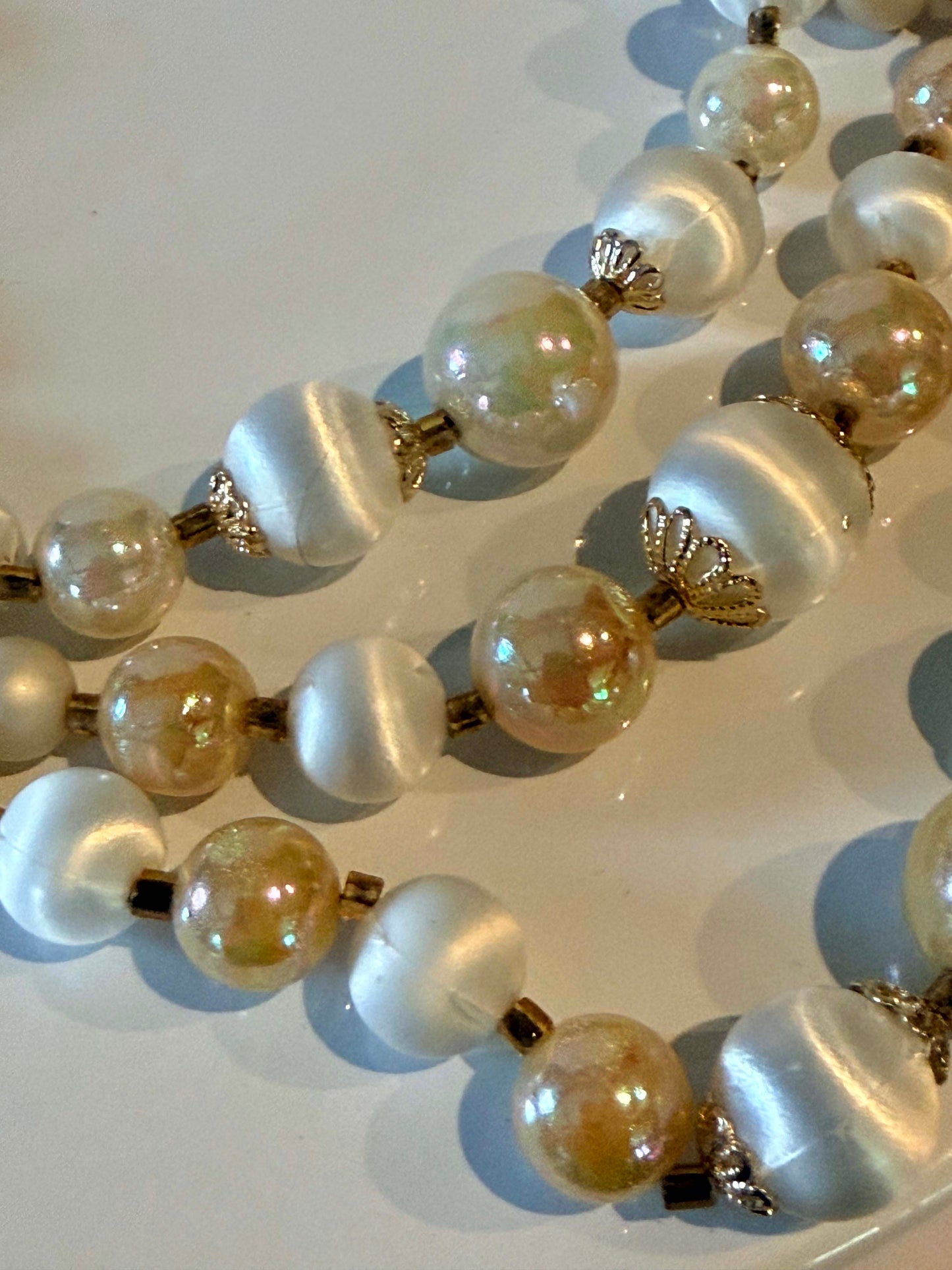 Vintage Triple Strand Faux Pearl Necklace, Ivory and Champagne Bead Necklace, Mid Century Statement Jewelry, Elegant Wedding Necklace