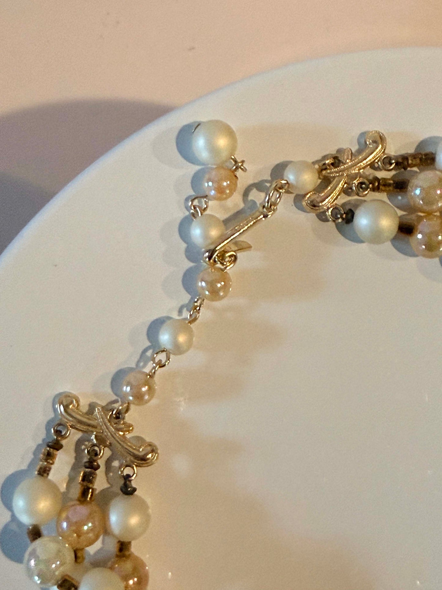 Vintage Triple Strand Faux Pearl Necklace, Ivory and Champagne Bead Necklace, Mid Century Statement Jewelry, Elegant Wedding Necklace
