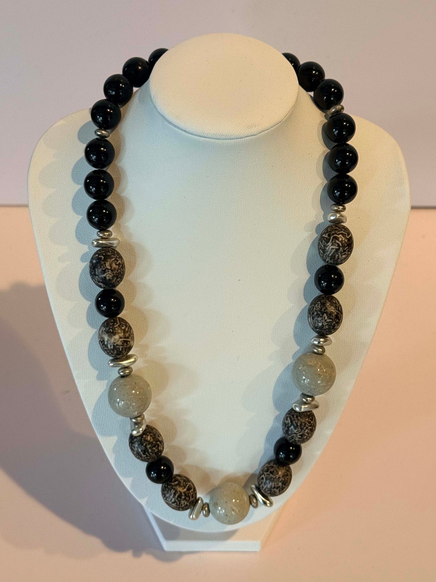 Vintage Black & Gray Statement Beaded Necklace | Marbled Lucite Beads | Modernist Chunky Bead Necklace