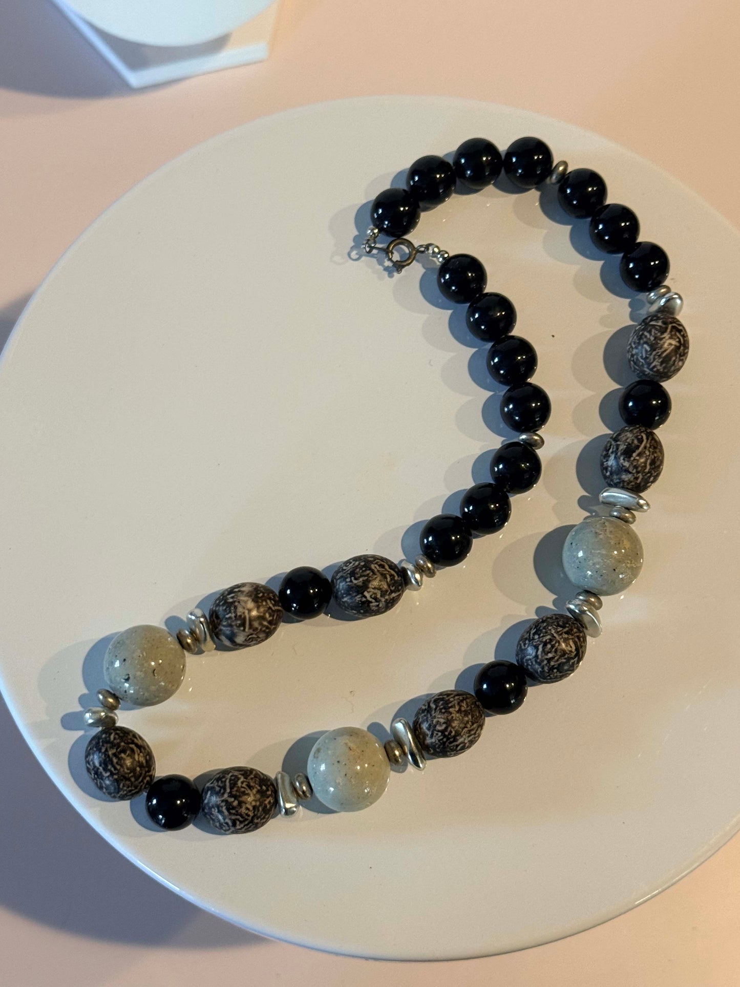 Vintage Black & Gray Statement Beaded Necklace | Marbled Lucite Beads | Modernist Chunky Bead Necklace