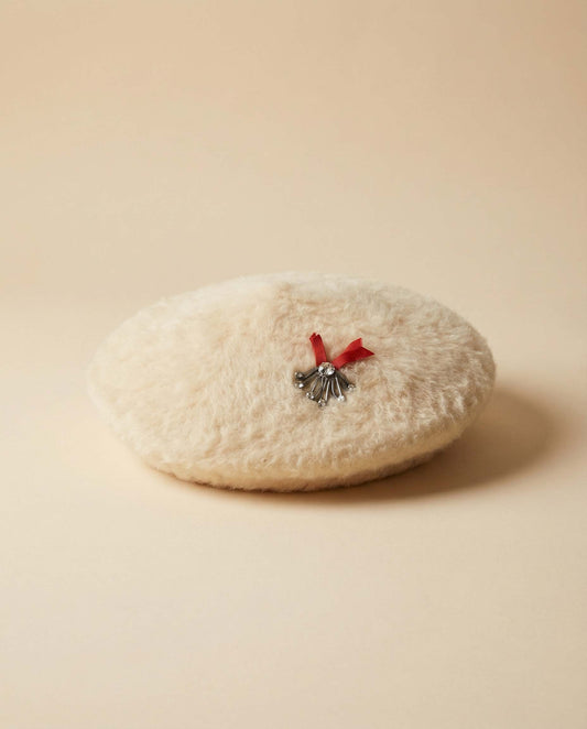 1950s–1960s Angora Wool Oversized Structured Beret | Vintage Cream Rhinestone Embellished Hat