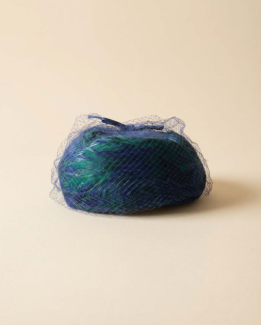 1940s–1960s Linda Anne Showgirl Feather Hat | Vintage Blue & Green Satin and Net Cocktail Headpiece