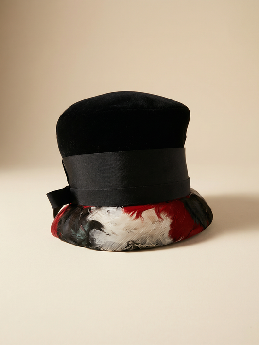 Vintage Doris Designs Black Wool Felt Feather Net Hat – Floral Brim 1960s Style Top Hat with Grosgrain Ribbon