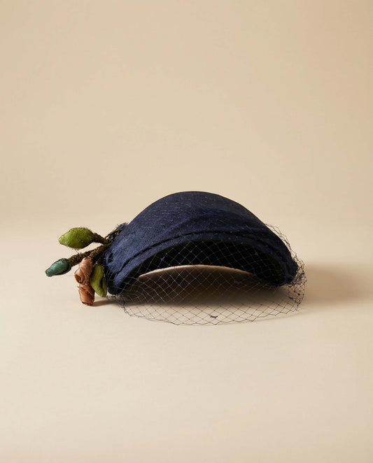 1950s Navy Blue with Fabric Flowers Veiled Hat – Vintage Cocktail Hat with Floral Accent